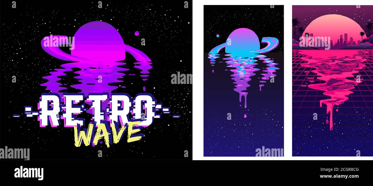 Paesaggio Cyber ​​futuristic Gotod in raggi al neon contro il sole che tramonta, adatto per qualsiasi disegno di stampa nello stile degli anni '80 o '90. Illustrazione Vettoriale