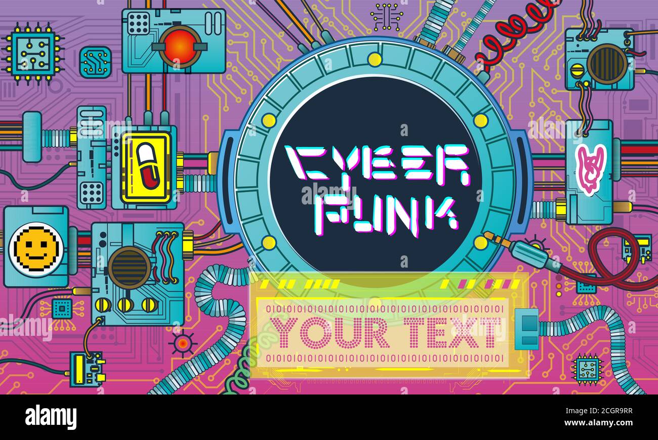 poster futuristico con giochi retrò elementi tech poster modello astratto volantino moderno, retrò scienza ciberpunk robot meccanismi e dettagli macchine Illustrazione Vettoriale