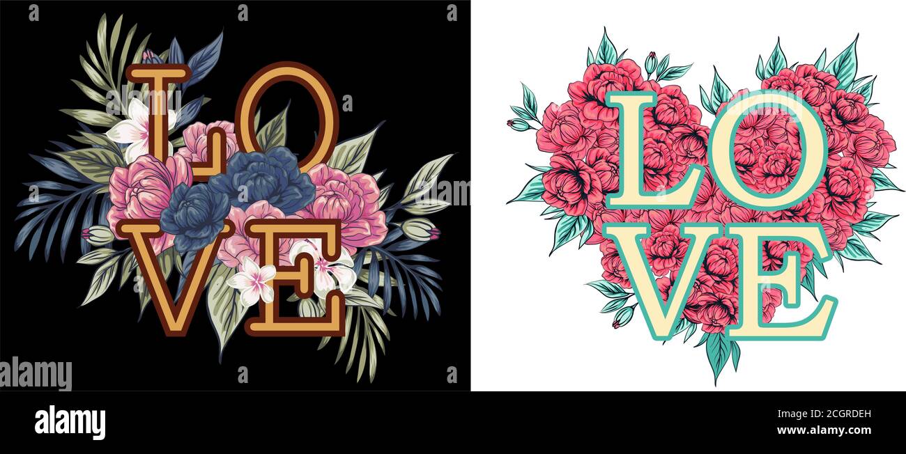 La parola 'amore', fiancheggiata da fiori e foglie. Cartoncino floreale Vector cute modificabile su sfondo bianco. Invito al matrimonio. Giorno di San Valentino saluto ca Illustrazione Vettoriale