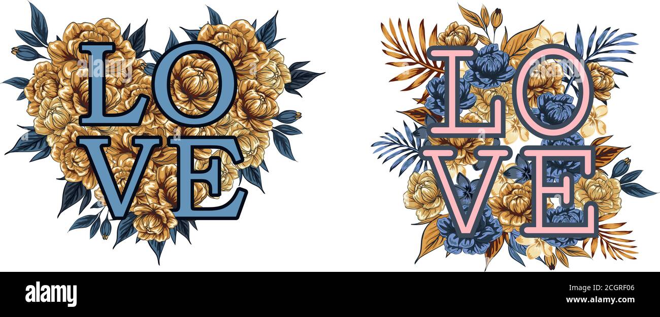 La parola 'amore', fiancheggiata da fiori e foglie. Cartoncino floreale Vector cute modificabile su sfondo bianco. Invito al matrimonio. Giorno di San Valentino saluto ca Illustrazione Vettoriale