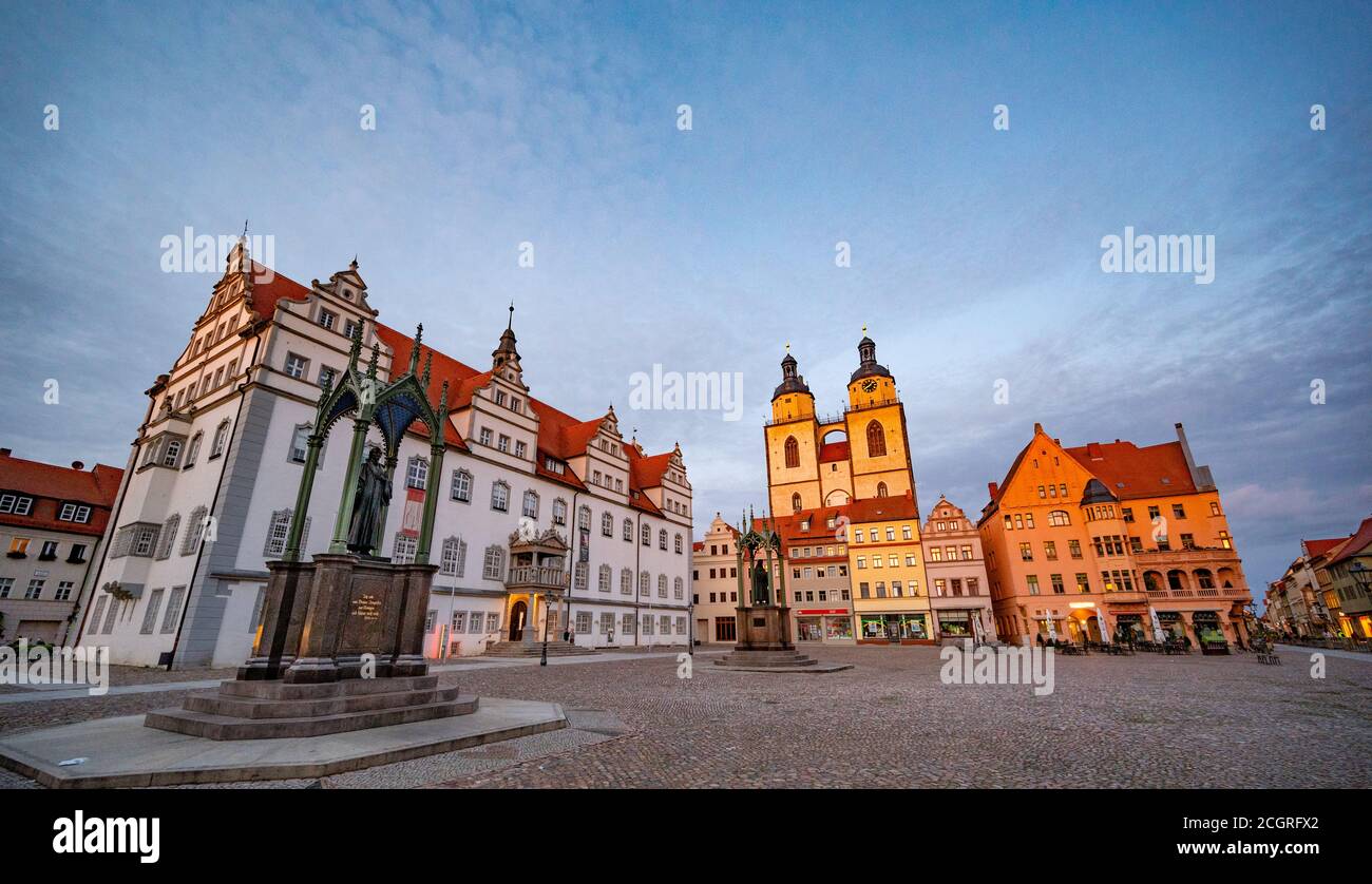 Piazza del mercato di Lutherstadt Wittenberg in Sassonia-Anhalt, Germania. Famoso per il suo stretto collegamento con Martin Lutero e la riforma protestante Foto Stock