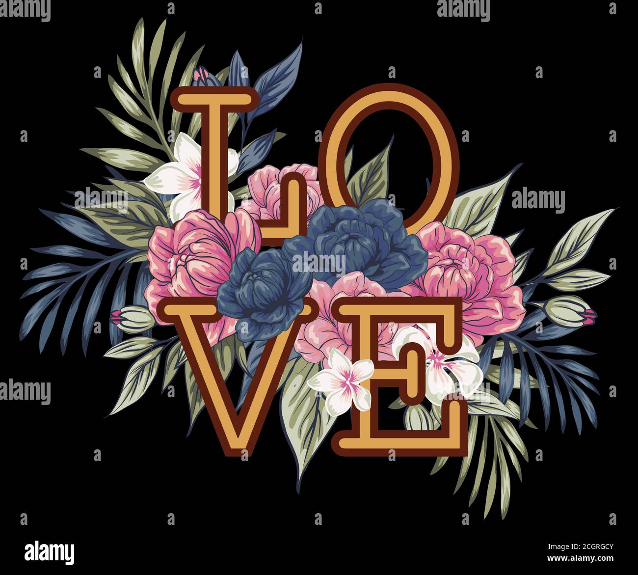 La parola 'amore', fiancheggiata da fiori e foglie. Cartoncino floreale Vector cute modificabile su sfondo bianco. Invito al matrimonio. Giorno di San Valentino saluto ca Illustrazione Vettoriale