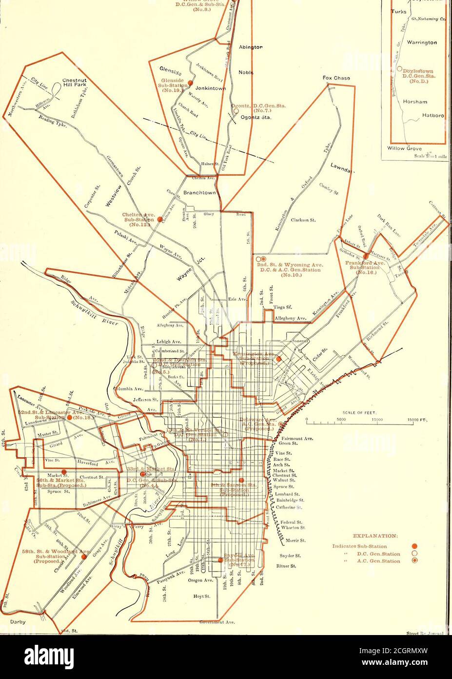 . Il giornale ferroviario di strada . MAPPA CHE MOSTRA le LINEE DI COLLEGAMENTO D. C. SULLA piastra DEL SISTEMA DI TRANSITO RAPIDO DI PHILADELPHIA XXXI Willow Grove.Park Willow Groved.C.Gen.& Sub-sta.(N.8.) ChestnutHill Park , Doylestown Warrington DsyTedtowinD.C.Gen.sta.CNO.D.) Horsham Hatboro. SPIEGAZIONE: Indica la sottostazione 0 D.C. Gen.Station o •• A.C. Gen.Station ® Darby Street Ry. JOURNAL MAP CHE MOSTRA STAZIONI DI GENERAZIONE, SOTTOSTAZIONI E AREE DI DISTRIBUZIONE APPROSSIMATE SECONDO LA PIASTRA XXXII DELLO SCHEMA DI POTENZA PROPOSTA Foto Stock