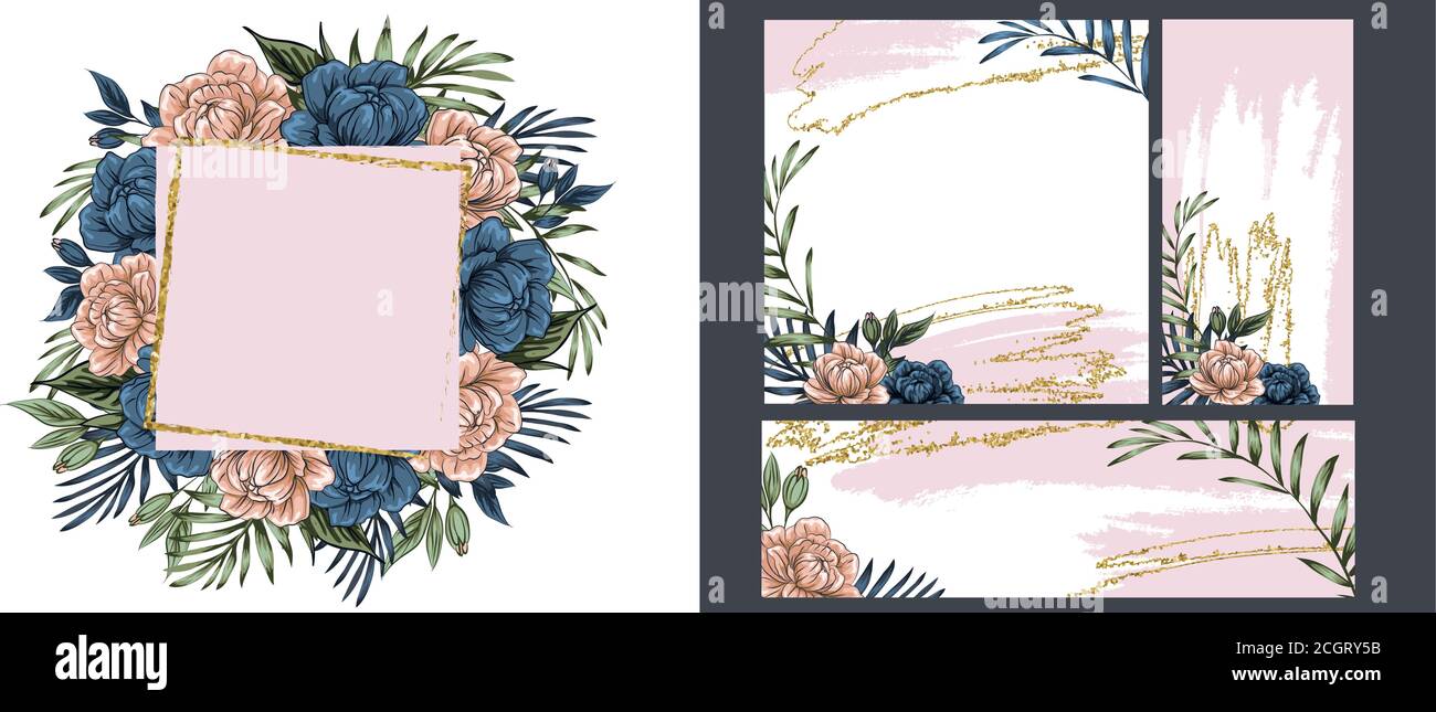 template per le storie e i post dei social network, blot fiori boho con oro. Set di piani e cornice quadrata post. Mockup per la pubblicità. Disegno b Illustrazione Vettoriale