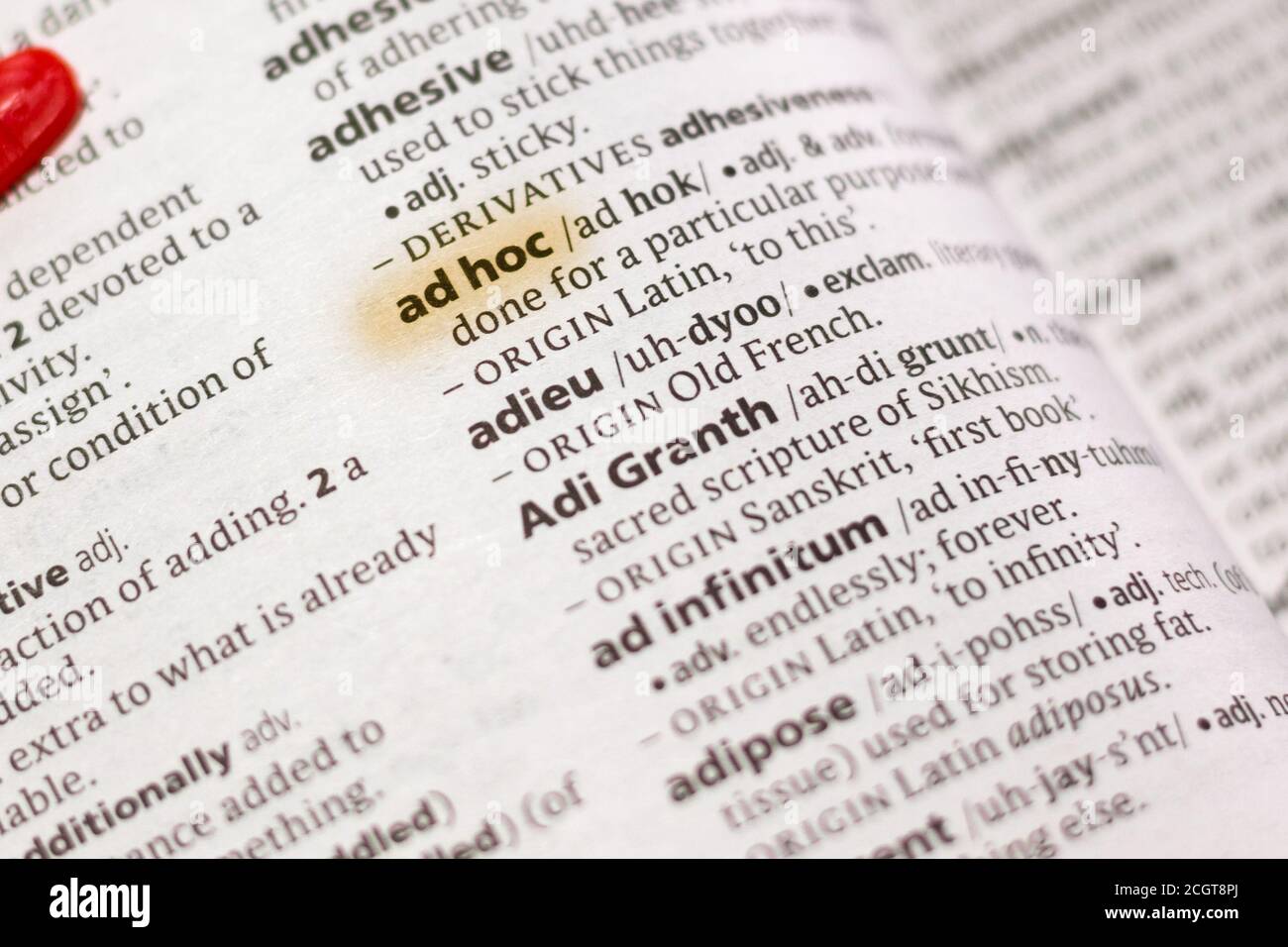 La parola o la frase ad hoc in un dizionario evidenziata con un indicatore. Foto Stock