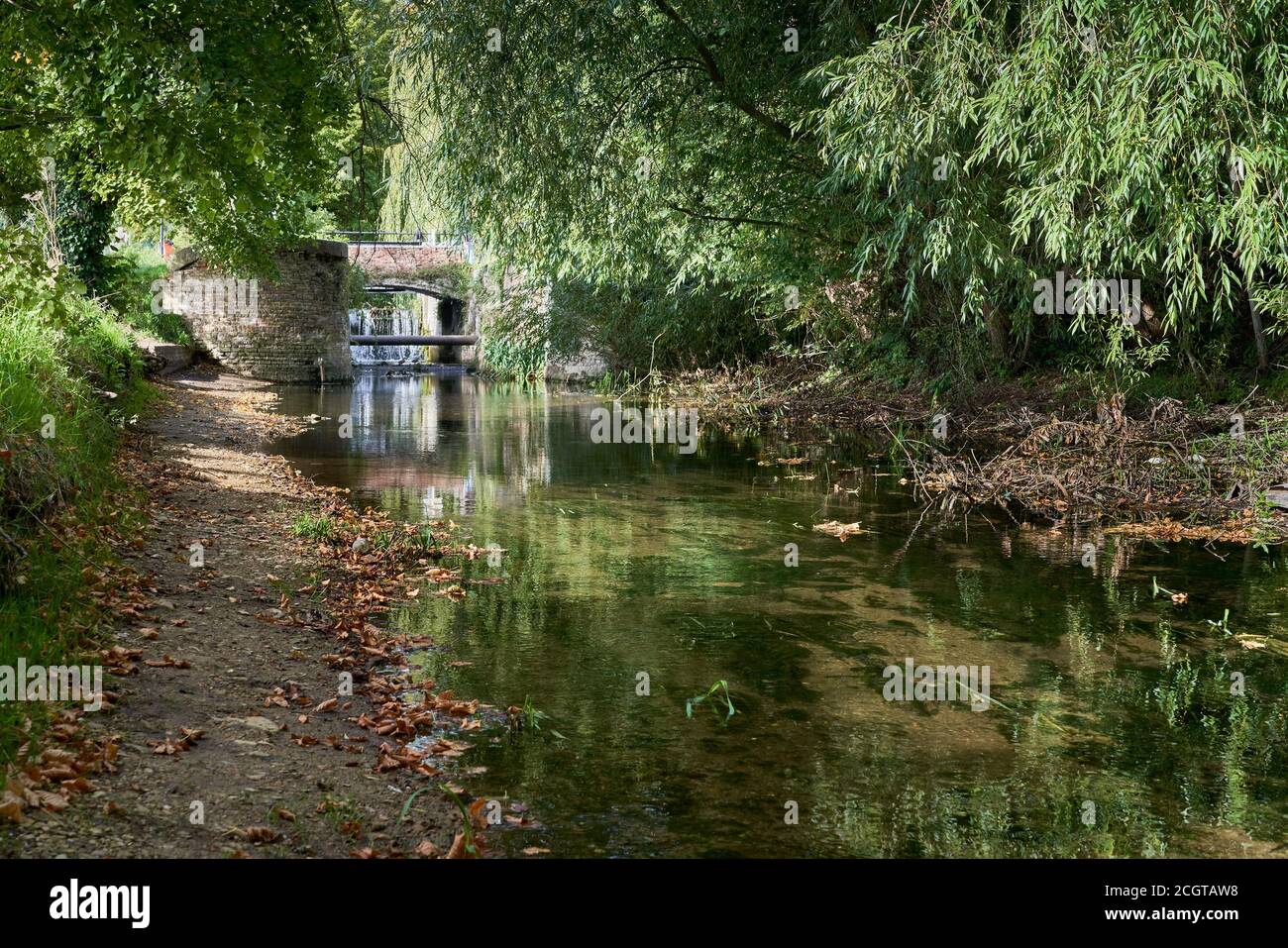 Il ponte a Coglesford Mill Sleaford Lincolnshire visto dal Fiume Slea a fine estate con una varietà di strapiombanti alberi Foto Stock