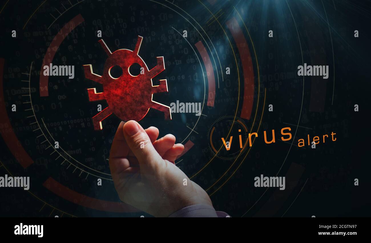 Attacco di virus informatici, cyber sicurezza, malware, crimine, tecnologia software di spionaggio con icona worm digitale. Concetto di simbolo astratto rappresentazione 3d illustratore Foto Stock