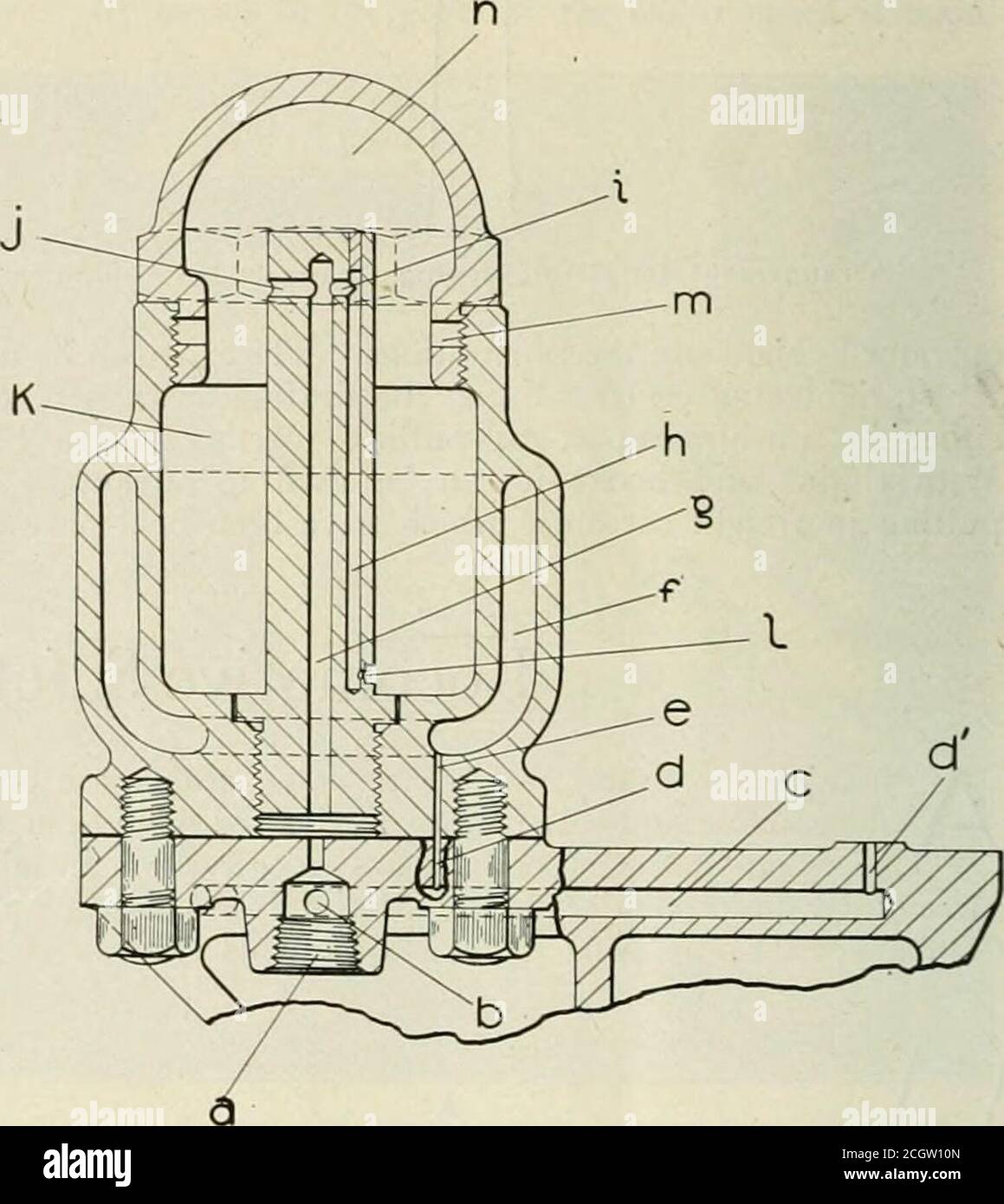 . Ingegnere meccanico ferroviario. Ng a è collegato da un ^-in. O. D. tubo di rame al cilindro dell'aria ad alta pressione, a condizione che il compressore sia dicomposto o tj-pe duplex. L'aria calda e compressa, che si riversa in corrispondenza di a, fluisce attraverso i passaggi b, c e d verso la camera di compensazione /, anche attraverso h, c e DJ, verso una seconda coppa dell'olio peril cilindro del compressore non mostrato in figura. Questi scodellini sono fissati mediante prigionieri ad una staffa attachedalla testa superiore o al pezzo centrale del compressore.l'olio, dopo essere passato attraverso la luce ristretta i, viene trafilato attraverso il passaggio h e in i, dove incontra l'aria di ingresso d Foto Stock
