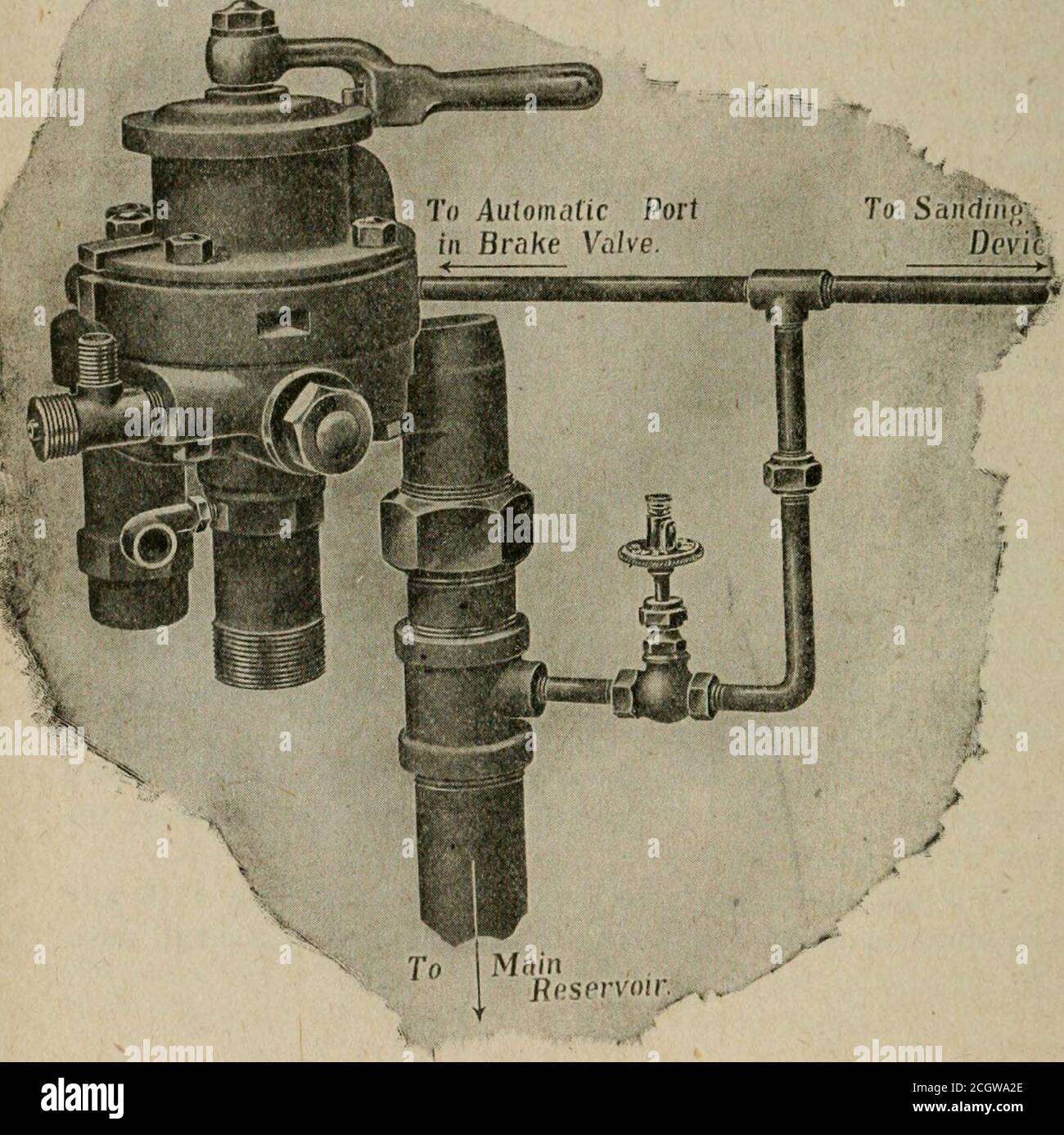 . Scienza delle ferrovie . in funzione. Hemay chiude la porta di avvertimento con una leggera pressione sulla valvola a pulsante 10, ma non appena la sua mano viene rimossa per prestare attenzione ad altri compiti, l'avviso gli ricorda che la levigatrice è inoperativa. La valvola Duplex sostituisce due delle valvole ordinariutilizzate in precedenza per azionare la levigatrice doppia. E' costruito in modo forte, tutte le parti sono eccezionalmente pesanti con la vista delle sue che offrono molte volte la manutenzione rispetto alle piccole valvole utilizzate in precedenza. DISPOSIZIONE SHERBURNES PER LEVIGATURA AUTOMATICA^ l'applicazione simultanea di freni e sabbia è bestaccomp Foto Stock
