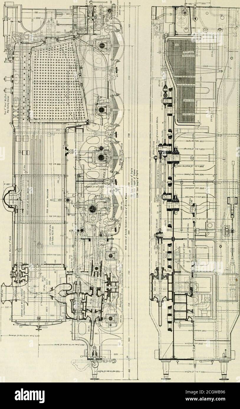 . Ingegnere meccanico ferroviario. Ed su una base di 85 per cento m.e.p. is41,950 lb., questo dà un rapporto di 3.27 a 1, Una cifra bassa, apparentemente del tutto pratica a causa della coppia pari prodotta dai tre cilindri con manovelle impostate a 120 gradi. Infatti il sistema a tre cilindri sembra essere la soluzione logistica del problema della progettazione di una locomotiva di forza di trazione elevata con carichi limitati sugli assali. Dalla tabella delle dimensioni, dei pesi e delle proporzioni si noterà che il peso è 92.6 lb. Per la potenza di cavallo di cilindro e 114.2 lb. Per la potenza di caldaia che mostra il gooddesigning in t Foto Stock
