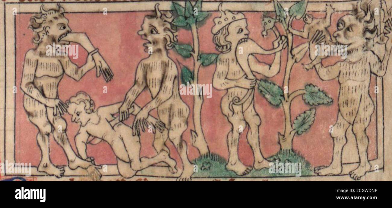 Gog e Magog che consumano esseri umani. Roman de toute chevalerie di Thomas de Kent, manoscritto di Parigi, XIV secolo Foto Stock
