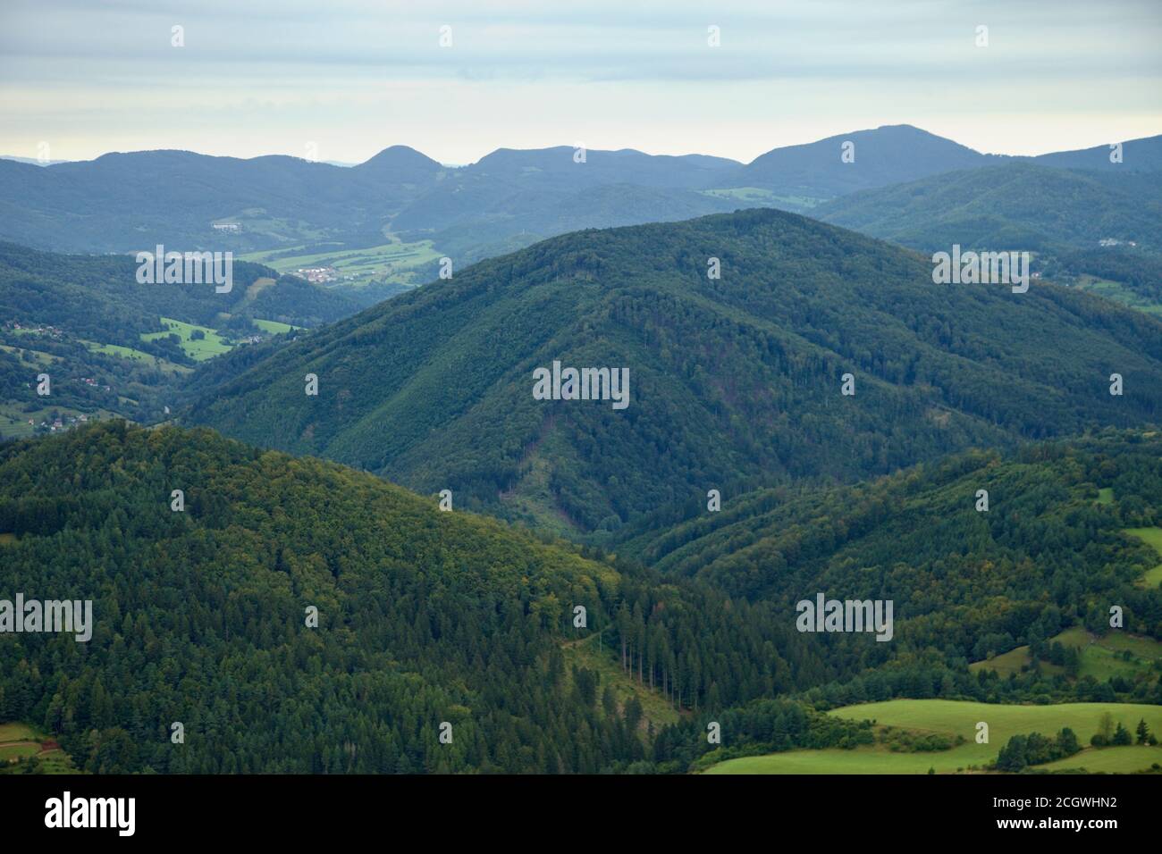 Vista dalla roccia di Temeš ad ovest. Sotto la roccia si trova la collina di Klin. Sull'orizzontale sono Suchy e Homôlka collina, Slovacchia Foto Stock