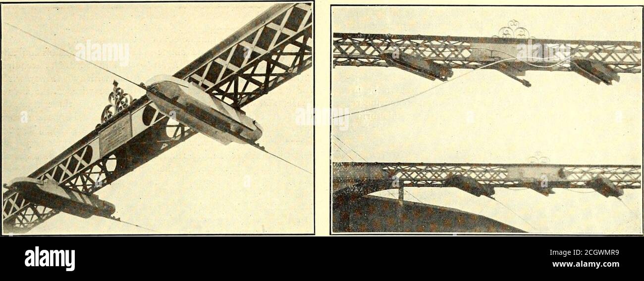 . Giornale ferroviario elettrico. N retro del canale Wallabout le estremità fisse e mobili del ponte e del filo del carrello, causando così una rapida usura del lavoro aereo, lesioni ai pali e ritardi nel traffico. Il ponte retrattile di Washington Avenue, illustrato in questa pagina, come gli altri ponti mobili, è gestito da un motorinstallato sulla riva e alimentato tramite cavo asubmarine. Su ciascuna estremità del ponte è montato un pattino di contatto della terza rotaia per impegnarsi con un breve pezzo di terza rotaia che a sua volta è collegato al binario per il ritorno a terra.The Washington Avenue br Foto Stock