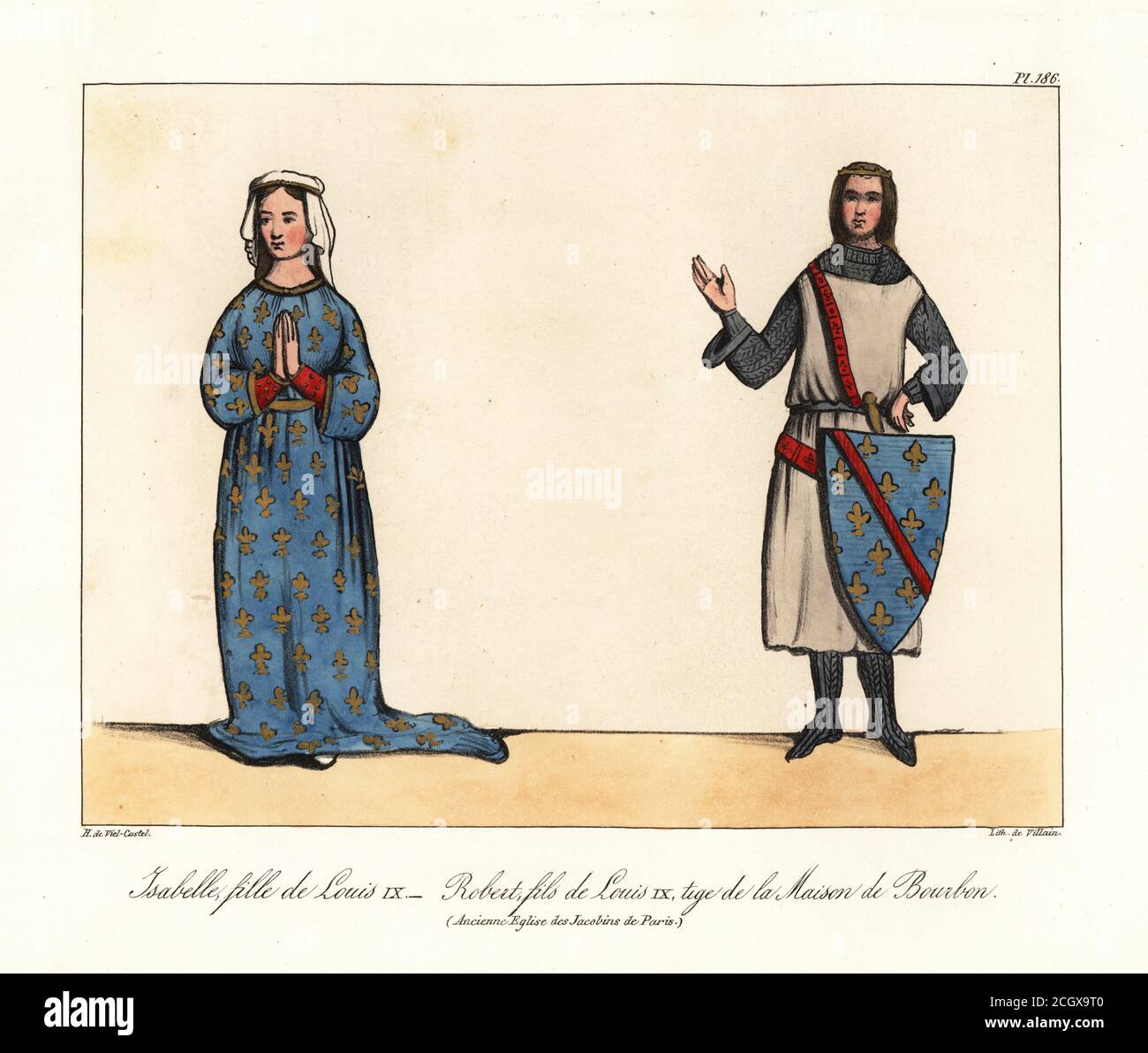 Figli di Luigi IX di Francia: Isabella, 1241-1271, e Robert, conte di Clermont, 1256-1317, padre della Casa di Borbone. Isabella in vestigia di fleurs-de-lys, e Robert in Hauberk chainmail, tunica, con scudo con stemma da effigi nell'antico Couvent des Jacobins, Parigi. Isabelle, fille de Louis IX, Robert, fils de Louis IX, tige de la Maison de Bourbon (Ancienne Eglise des Jacobins de Paris). Litografia colorata a mano di Villain dopo un'illustrazione di Horace de Viel-Castel dalla sua Collection des Costumes, armes et meubles pour servir à l'histoire de la France (Collecti Foto Stock