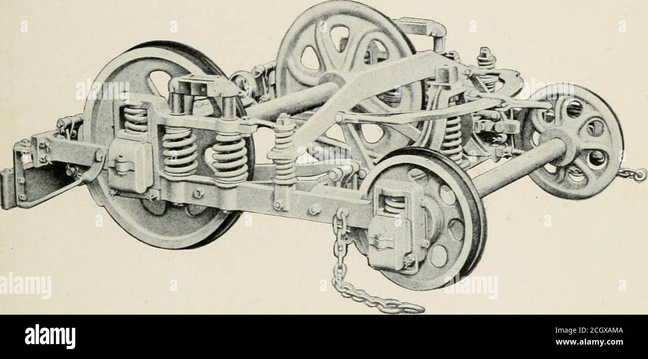 . Ferrovie elettriche, trattate teoricamente e praticamente . K. imbottitura (che può essere a molla), l'imbottitura essendo in appoggio dal telaio del carrello, Che a sua volta poggia su molle a balestra portate da barre appoggiate sulle scatole dei perni di banco dell'assale. Questo tipo di costruzione si avvicina strettamente nei carrelli elettrici alla costruzione seguita nella pratica della ferrovia a vapore, e carrelli di questo tipo sono comunemente noti come del tipo Car-Builders, a causa dell'uso dibarre e molle di equalizzazione. La prima classe di carrelli può essere suddivisa in carrelli che trasportano il carico a metà strada tra i carrelli degli assali Foto Stock