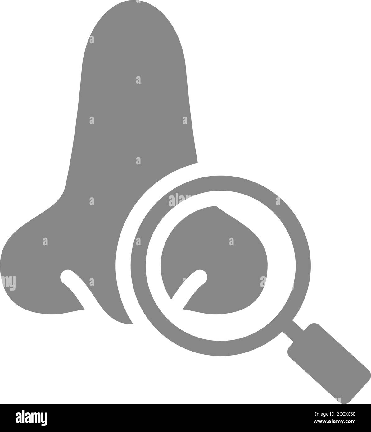 Naso con lente d'ingrandimento icona grigia. Analisi, simbolo di prevenzione delle malattie Illustrazione Vettoriale