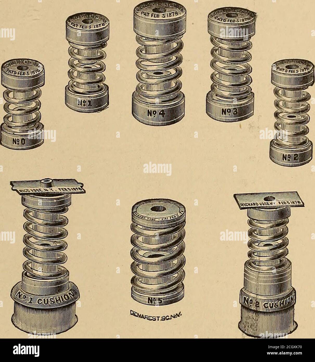 . Il giornale ferroviario di strada . 13 Barclay Street, - 3^te-^7 STorfe, PATENTEE E PRODUTTORE di Graduated Street Car Springs, UBBZBR, CONE. Brevettato, 15 aprile 1879. ADATTATO A STEPHENSON, BEMIS, RANDALL, HIGLEY, BRILL, JONES, BALTIMORA, E TUTTE LE ALTRE SCATOLE. N. 0, per 10 ft. Numero di remi leggeri, 1, per 10 piedi N. cars. 2, per 12 piedi N. cars. 3, per 14 piedi N. cars. 4, per 16 piedi N. cars. 5, per 16 piedi Auto. (Piedistallo singolo) N. 1, cuscino, per auto da 16 piedi. N. 2, cuscino, per 12 e14-ft. Auto. Foto Stock