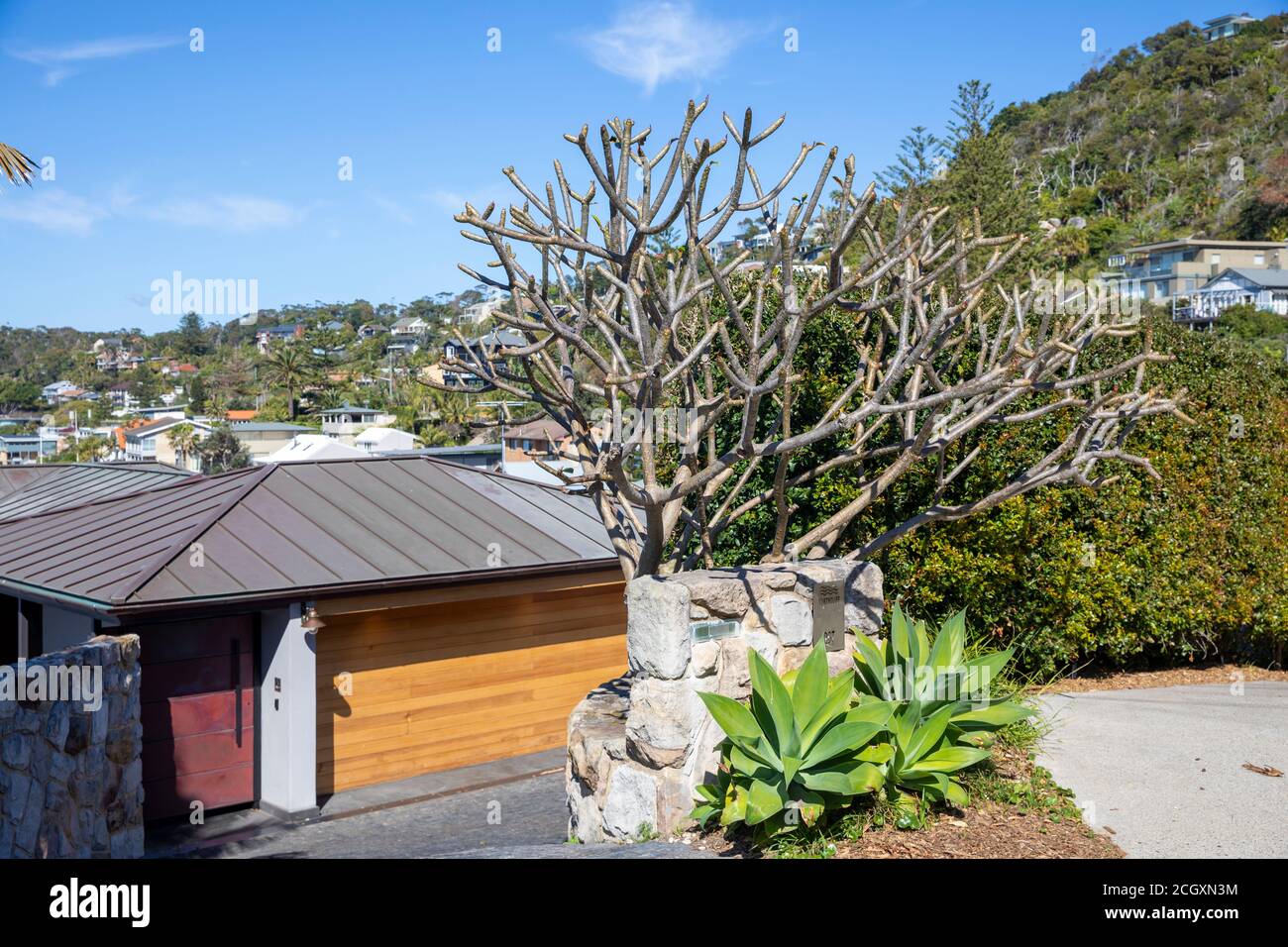 Casa e garage nel sobborgo di Sydney di Whale Beach In una soleggiata giornata di primavera, Sydney, Australia Foto Stock