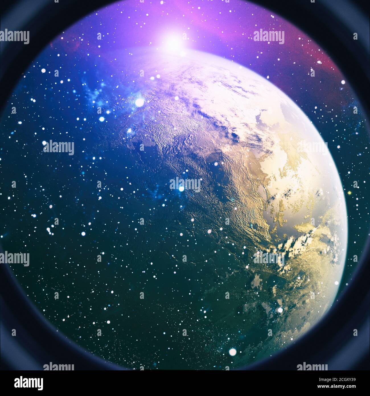 Viste generali di Mir sopra l'orizzonte della Terra, Vista d'insieme Stazione spaziale durante il flyaround. Foto Stock