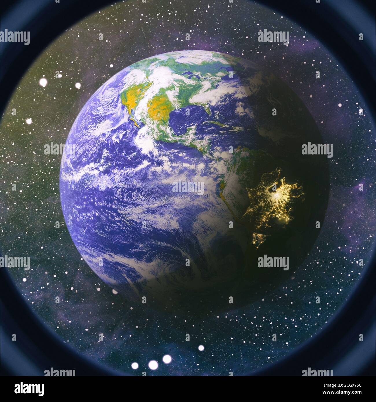 Viste generali di Mir sopra l'orizzonte della Terra, Vista d'insieme Stazione spaziale durante il flyaround. Foto Stock