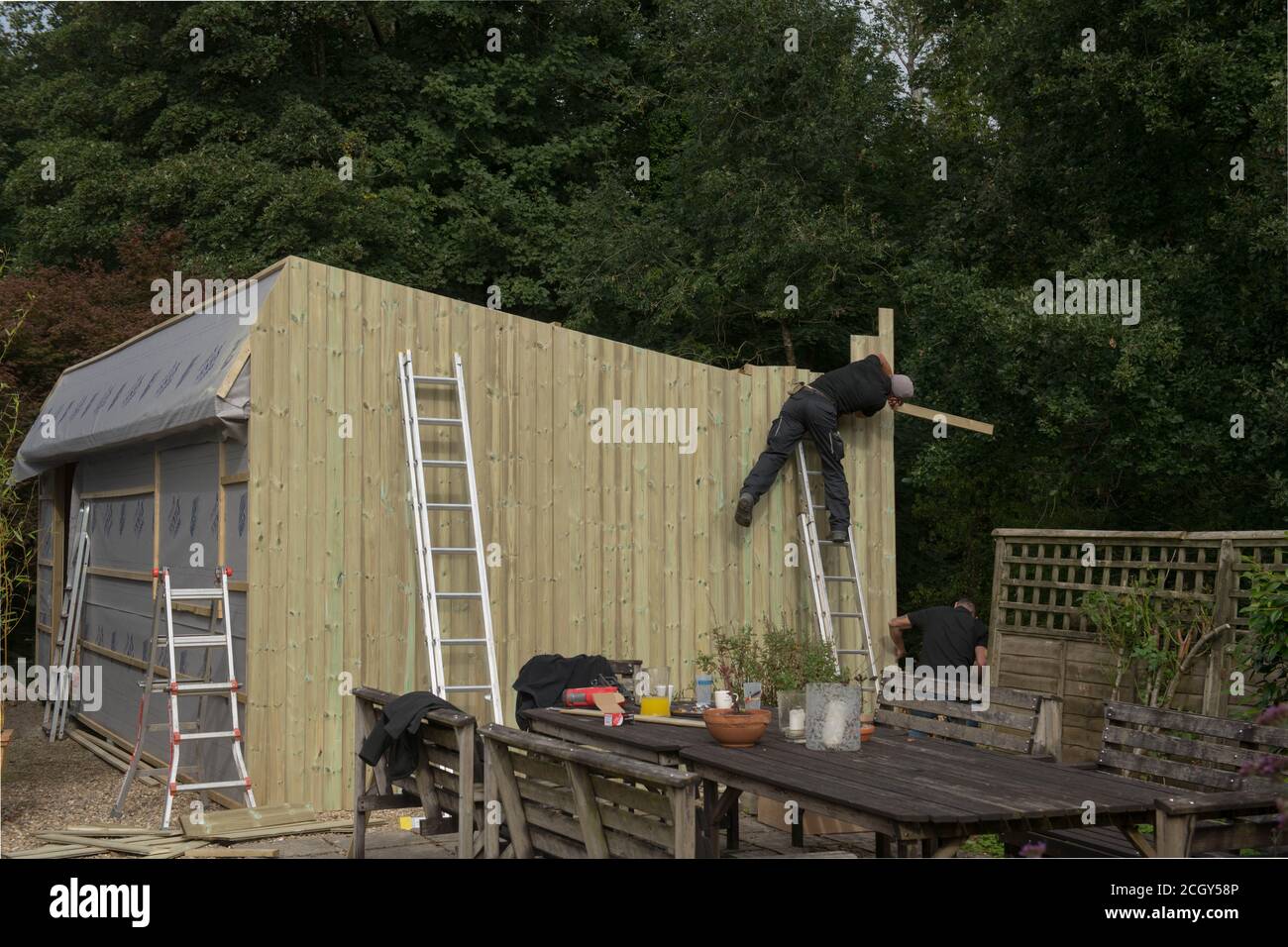 Costruttori che rivestimenti l'esterno di un giardino Shed con tunnel e Groove Tanalised Redwood Shipap in Rural Devon, Inghilterra, Regno Unito Foto Stock