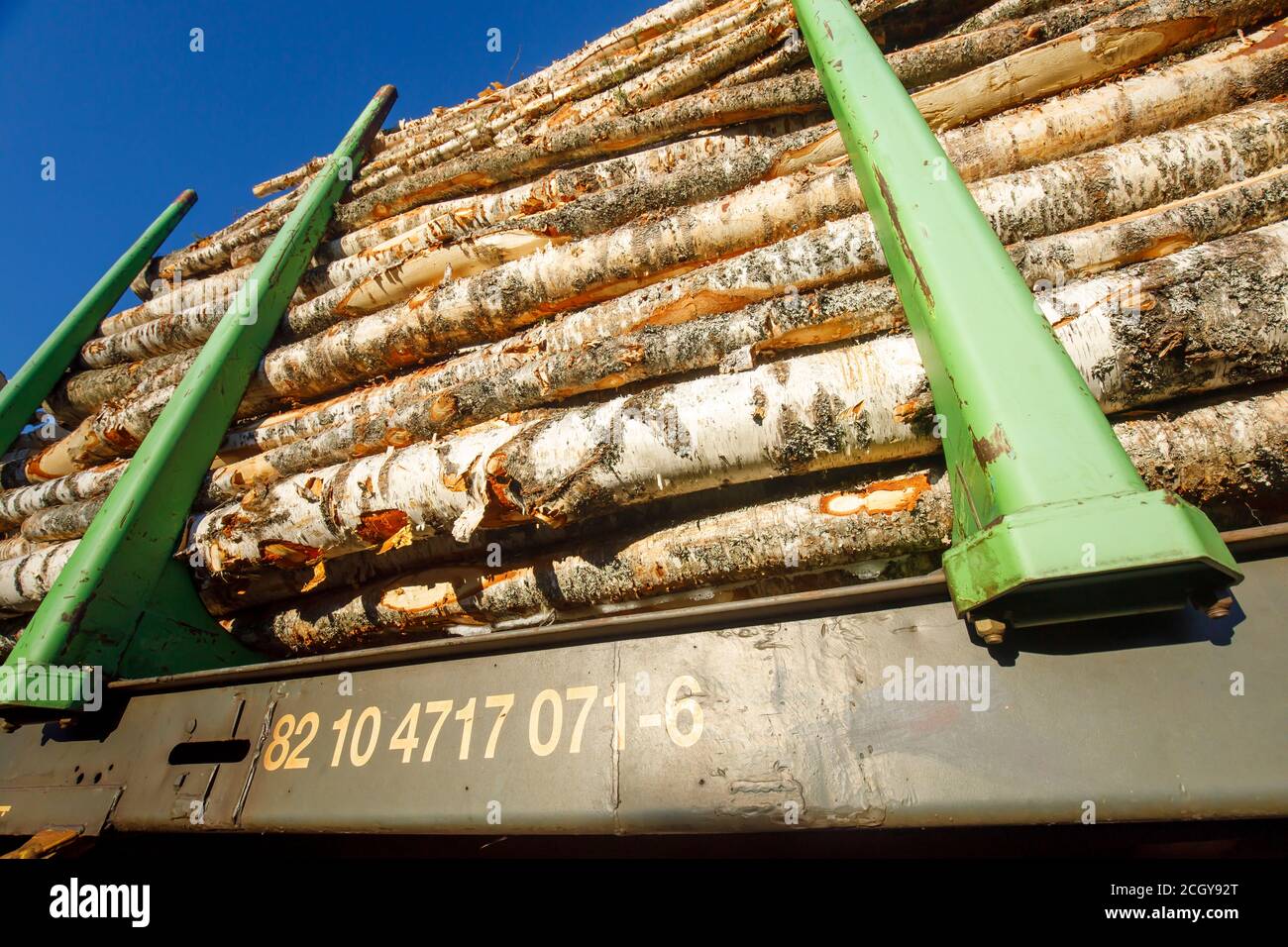 Tronchi di betulla di legno duro europeo caricati su un vagone ferroviario aperto, dove il telaio di pali di acciaio li tiene in posizione , Finlandia Foto Stock