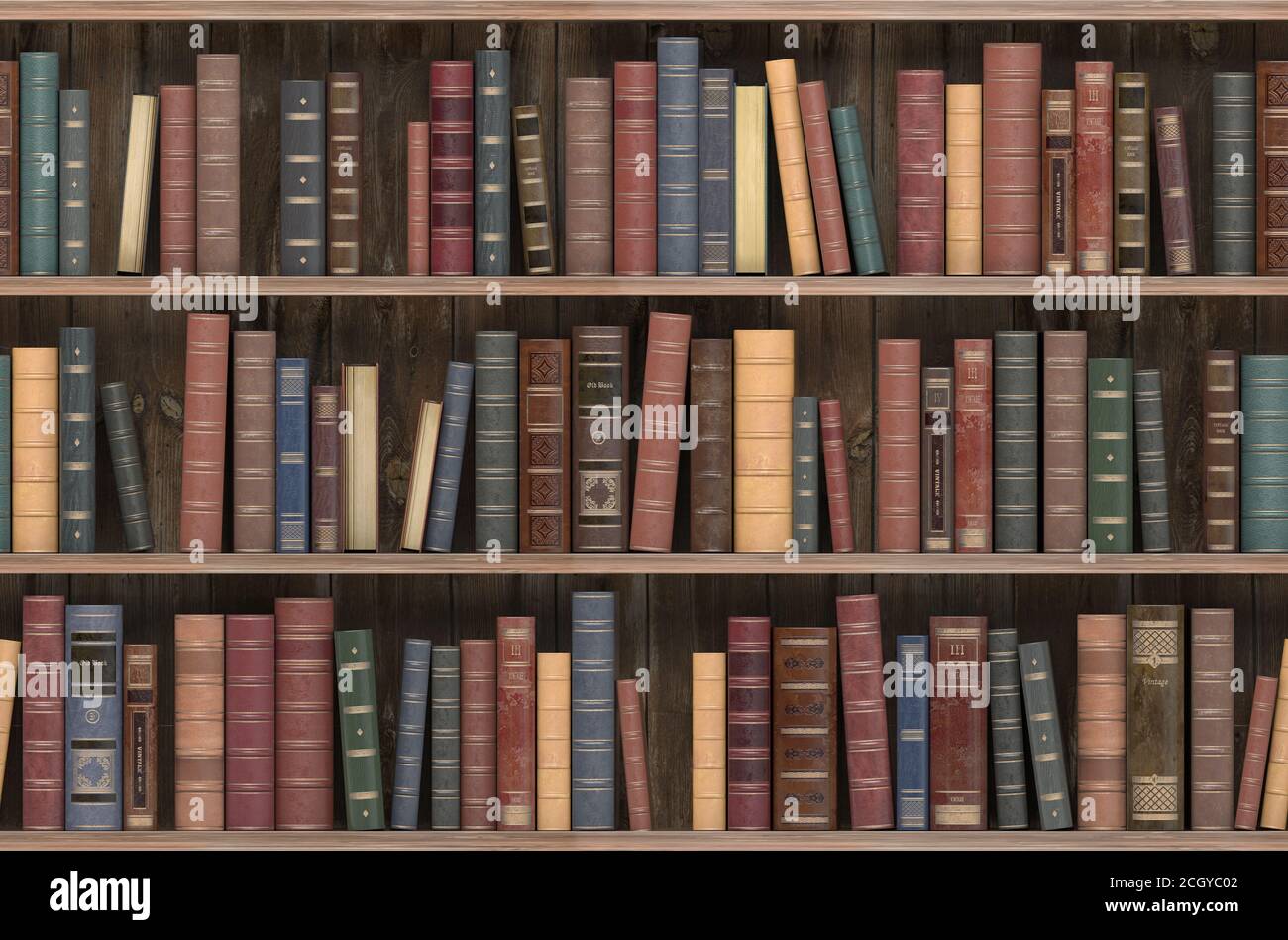 Libri d'epoca su vecchio ripiano di legno. Vecchia biblioteca o