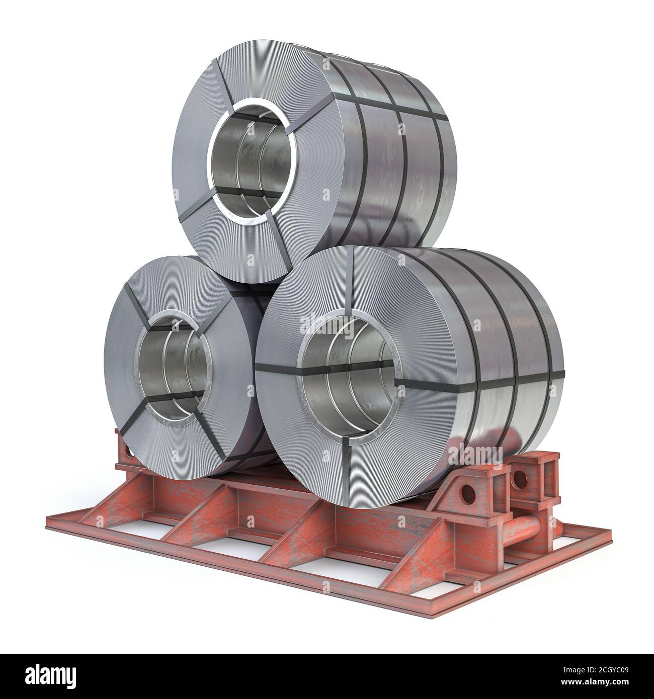 Rotoli di lamiera di acciaio isolati su bianco. Produzione, consegna e stoccaggio di prodotti metallici. illustrazione 3d Foto Stock