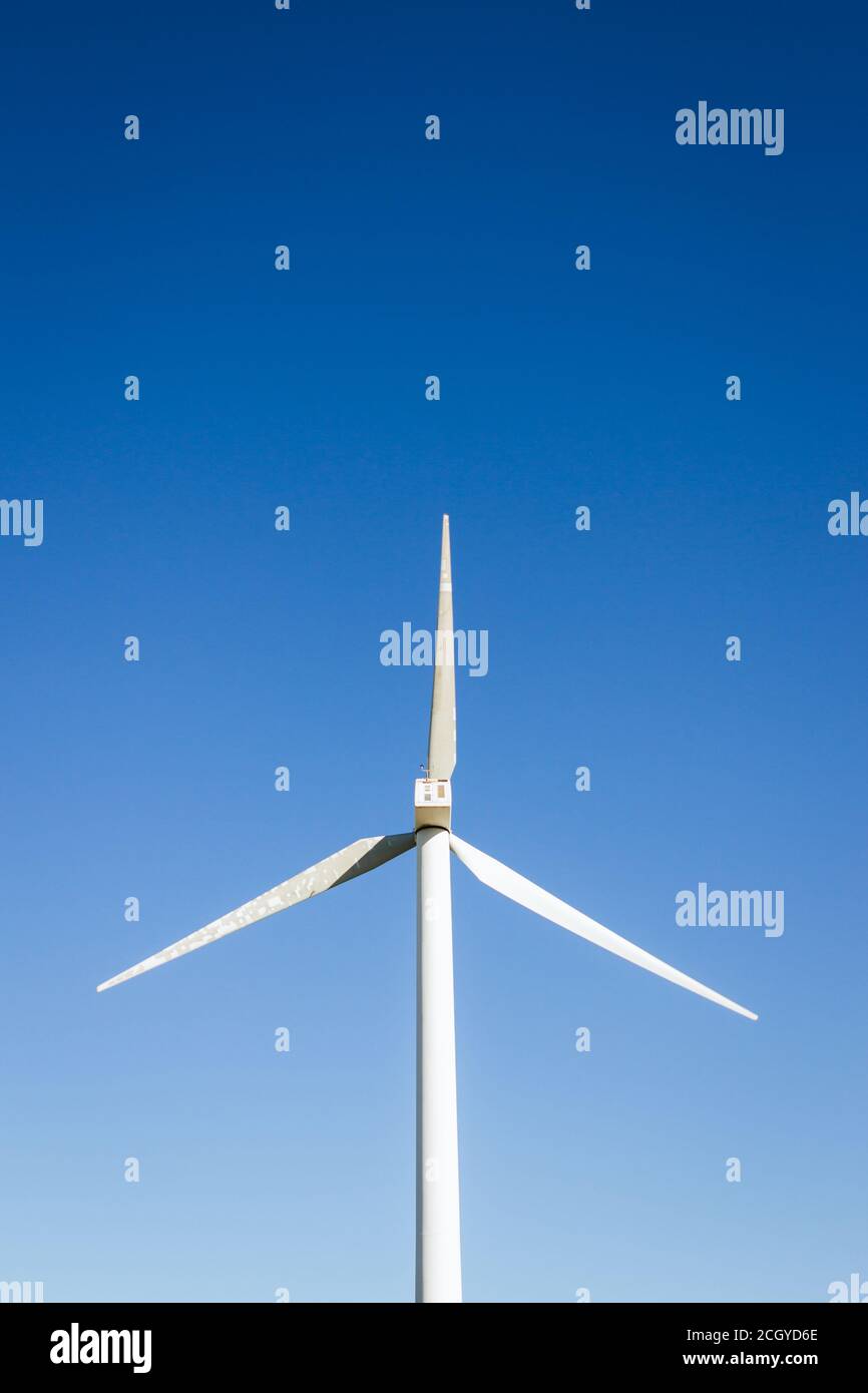Vista frontale di un mulino preso dal basso con cielo blu sullo sfondo. Azienda eolica Foto Stock