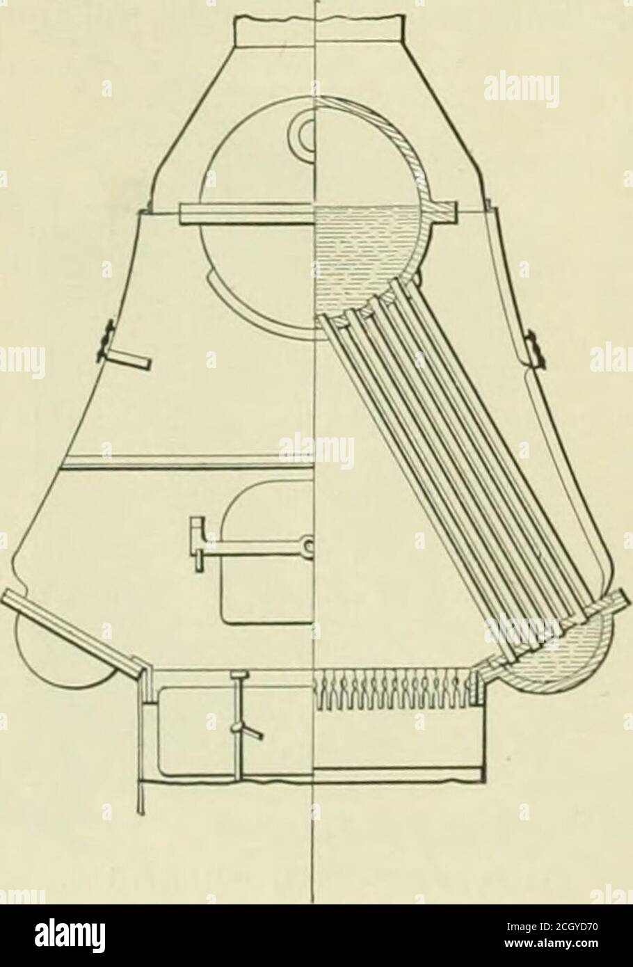 . Ingegnere americano e giornale ferroviario . Fid. SCL-WHEELER BOILER, 1892.from a Newspaper Clipping. Bent le unità suggerirebbero molto più modernboiler precedentemente descritti (Stirling, Pierpont, ecc.). Se le unità Firmenich sono state poste in posizione verticale anziché angolata, abbiamo la caldaia Wheeler (fig. 36), che è venuto a usas nuovo di zecca circa l'ultimo dei Firmenichs washeard da. La caldaia Yarrow (fig. 37), è un Firmenich(1875) leggermente modificato, in alcuni casi realizzato con tamburi di piccolo diametro. FiO. 37-YAUROW BOILER.From Note di progresso Navale, I. A. Navy, 1891. Imbullonato Foto Stock