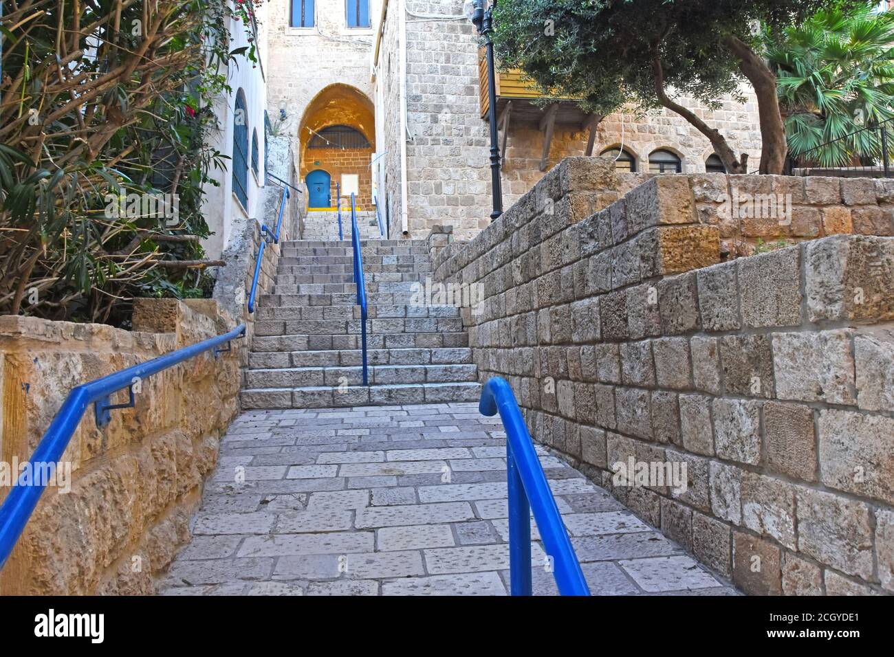 Vicolo della vecchia scala di Jaffa, Israele Foto Stock