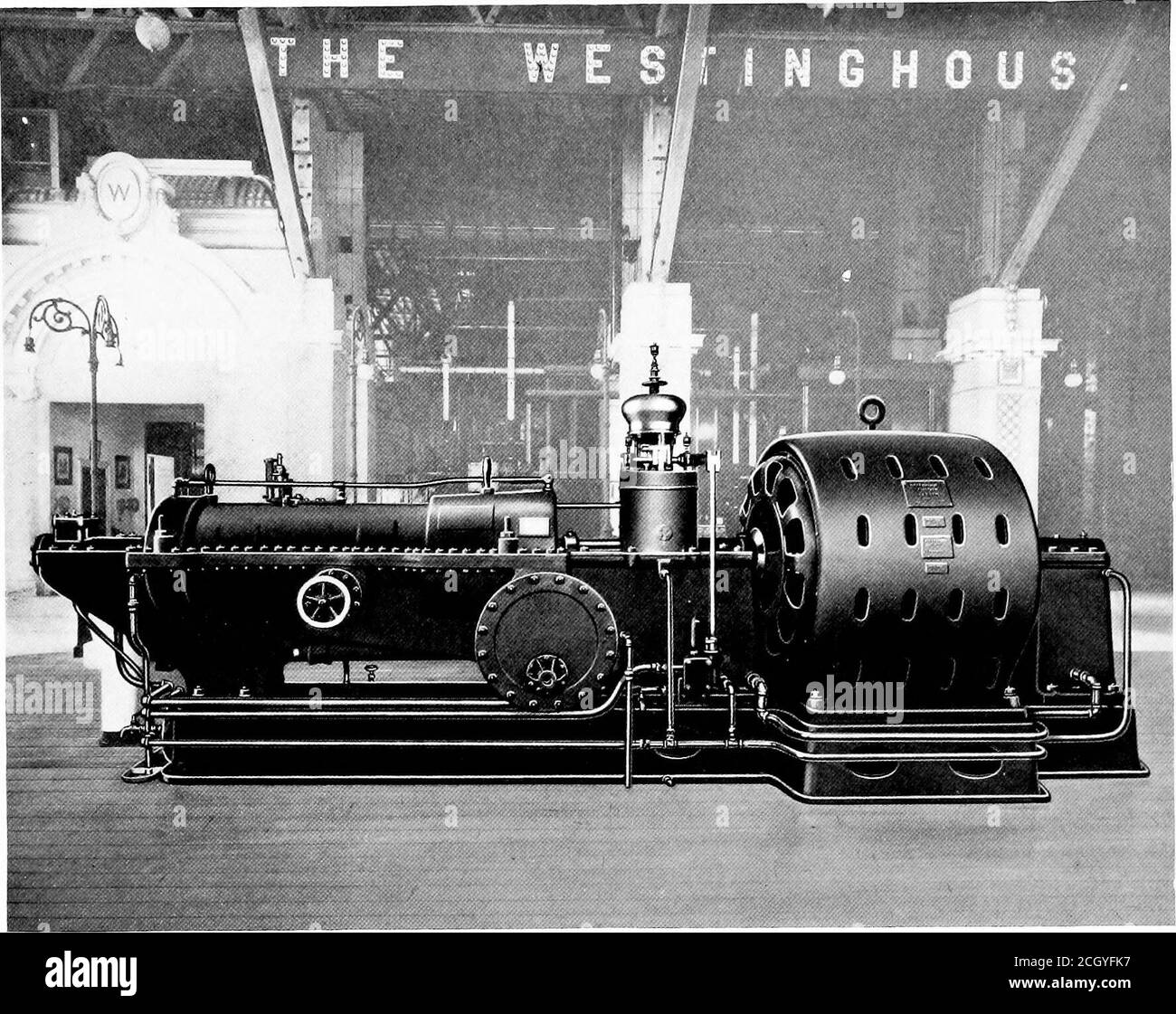 . La Westinghouse Companies espone al Congresso ferroviario Internazionale di Washington, Nineteen centoventi. 36 CONGRESSO FERROVIARIO NTERNAZIONALE. L'unità di turbina a vapore Westinghouse-Parsons da 600 cavalli, che ha funzionato continuamente sotto carico per 3962 ore al campo di esposizione di St. Louis da 28 pollici del turbogeneratore ruotava ad una velocità periferica di 7000 miglia ogni 24 ore, o oltre un quarto veloce come la terra gira. Esistono istanze di lunghi cicli continui di motori a pistoni, ma è ovvio che la turbina a vapore, con il suo unico moto di rotazione, e con la e. Foto Stock