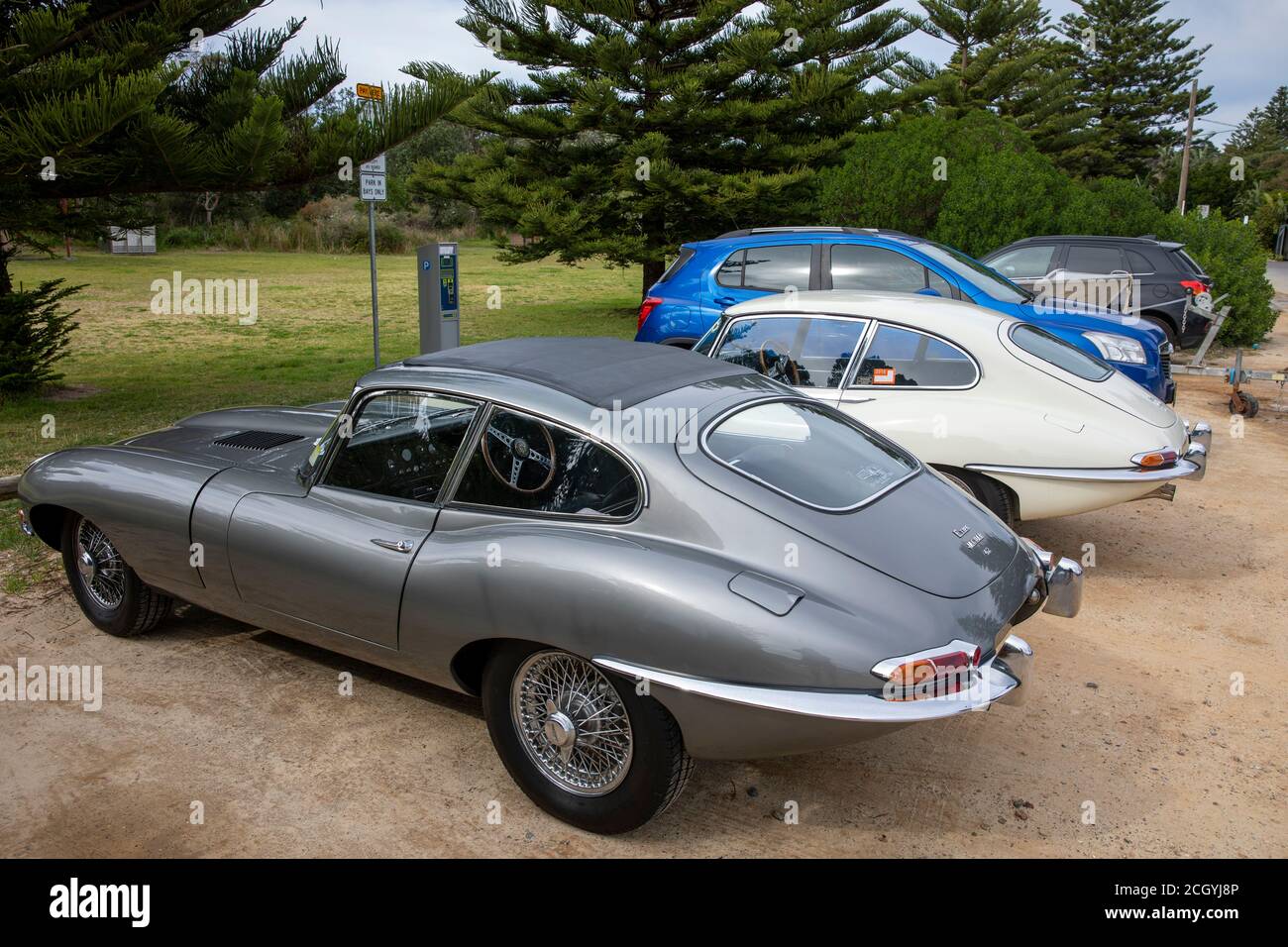 Due auto classiche jaguar e TYPE a Palm Beach, Sydney, Australia Foto Stock