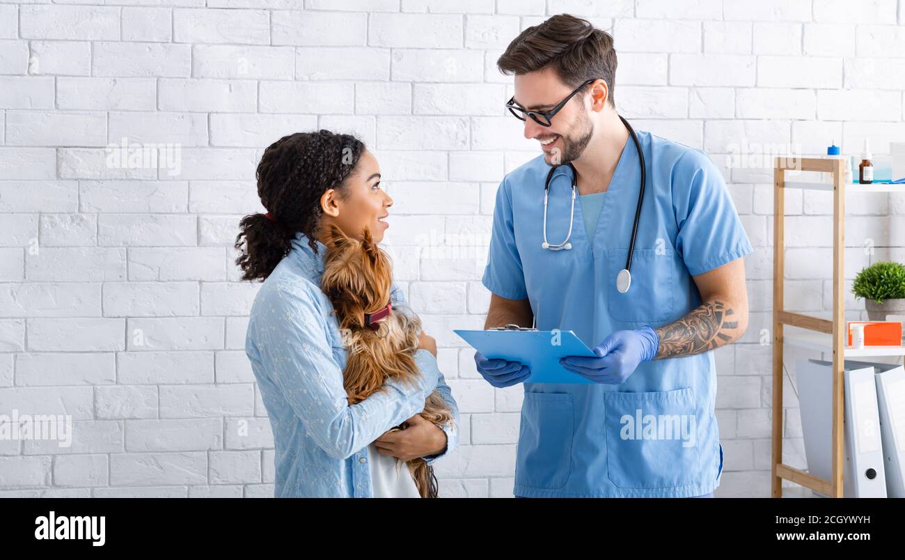 Controllo veterinario annuale. Giovane medico che parla con il proprietario del cane in clinica animale Foto Stock