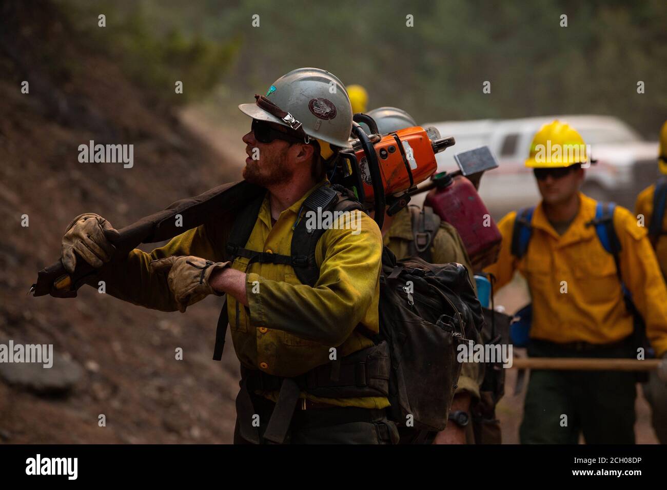 Sawyers con la Billings IA, un Bureau of Land Management equipaggio di attacco iniziale con sede a Billings, Montana, guidare i soldati con il 14 ° Battaglione Brigade Engineer mentre preparano una strada per le operazioni di burnout al complesso di agosto Wildland fuoco il 6 settembre 2020, nella foresta nazionale Mendocino. Burnout prevede la rimozione di combustibile facilmente combustibile, come alberi e fogliame, contribuendo a prevenire la propagazione dell'incendio nelle terre selvatiche. I soldati con il 14° BEB sono schierati nella California del Nord, su richiesta del National Interagency Fire Center, a sostegno dei vigili del fuoco del Dipartimento della Difesa Foto Stock