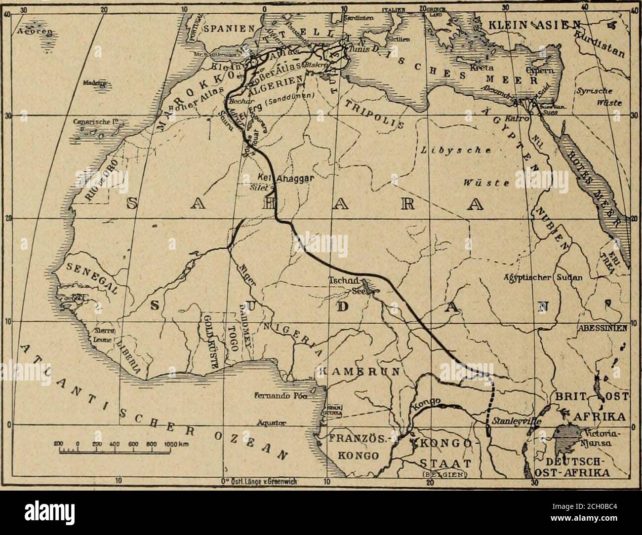 . Verkehrstechnische Woche und eisenbahntechnische Zeitschrift gleichmäßig eine un-abänderliche Güte herzustellen, wird man weiter demVerfahren von Röchling-Rodenhauser den Vorzuggeben müssen. Berlino-Wilmersdorf. Die geplante Saharaferbahn Das Zentralbl. d. Bauverwaltung enthält in derNr. 13 vom 13. D. Auf Grund von mit-teilungen des giornale del Genio civile (1914 S. 329bis 345) einen Aufsatz über die Vorarbeiten zu dervon dem Franzosen Berthelot gewanten Saharaquer-bahn, der mit Rücksicht auf die augenblicklhe Welt-lage in mancherlei Beziehung, Bezieverwung Foto Stock