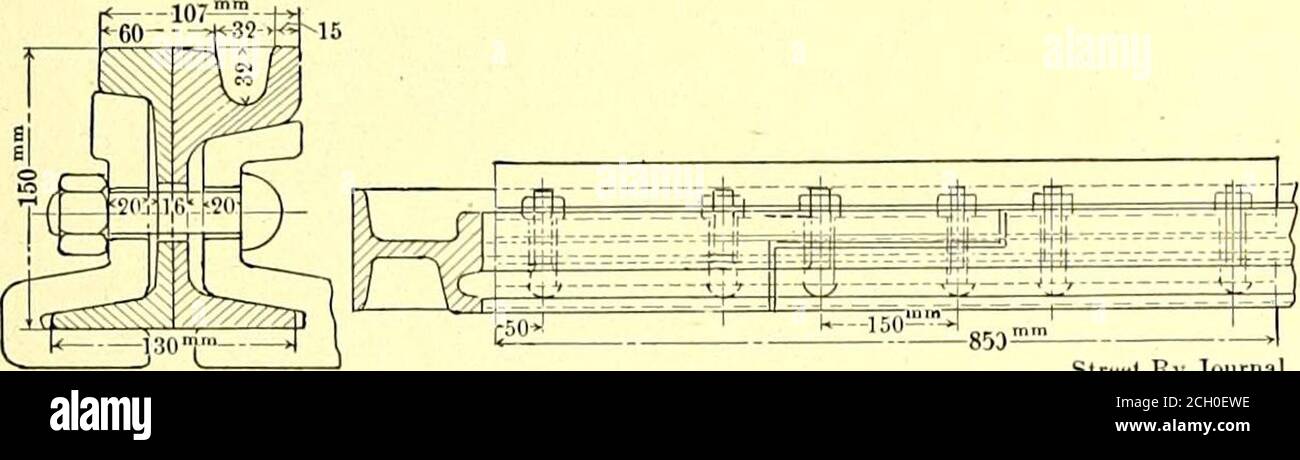 . Il giornale ferroviario di strada . O a ll JJ . ; Slrta RJ.Juurna] -850-- ROTAIA STANDARD E GIUNTO AD ANGOLO dentato con un'uscita, che termina qui sotto in un collegamento con il sistema di drenaggio urbano. L'inserimento di un tale dispositivo costa circa 300 contrassegni (75 dollari) per doppia pista, e lungo l'intero percorso di 266 cm (166 miglia) ci sono, in tutto, più di 300 tali scarichi. Le linguette dell'interruttore sono realizzate in acciaio inossidabile Siemens-Martin in un unico pezzo e il materiale ha una resistenza alla trazione di almeno 65 kg per mm quadrato. Le linguette mobili sono contrappesate. Il carter del contrappeso non è scaricato e ilaccumu Foto Stock