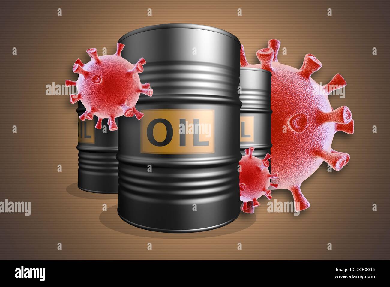 Calo dei prezzi del petrolio a causa di COVID-19. Tre barili di petrolio con cellule di coronavirus. Rendering 3D. Foto Stock