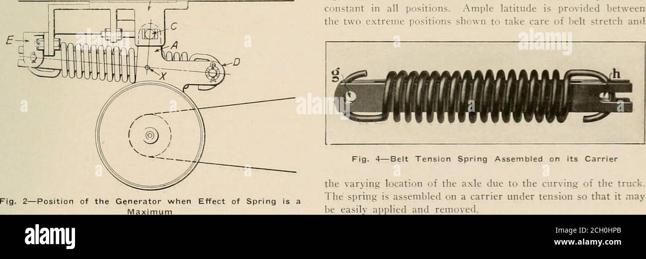 . Ingegnere meccanico ferroviario . Fig. La posizione dell'effetto del peso del generatore è l'aletta D sul telaio del generatore. La tensione della cinghia è il risultato di due fattori variabili, uno dei quali è la componente orizzontale del peso del generatore, e l'altro la dieci della molla. Quando il generatore è appeso come mostrato in Fig. 2 in modo che il suo baricentro si trovi direttamente sotto la barra di supporto C. il peso del generatore non ha alcun effetto sulla dieci-trazione della cinghia, ma la tensione della molla ha il suo greatestefect, in quanto il braccio di leva, CX. È maggiore. Quando il generatoris swung Foto Stock