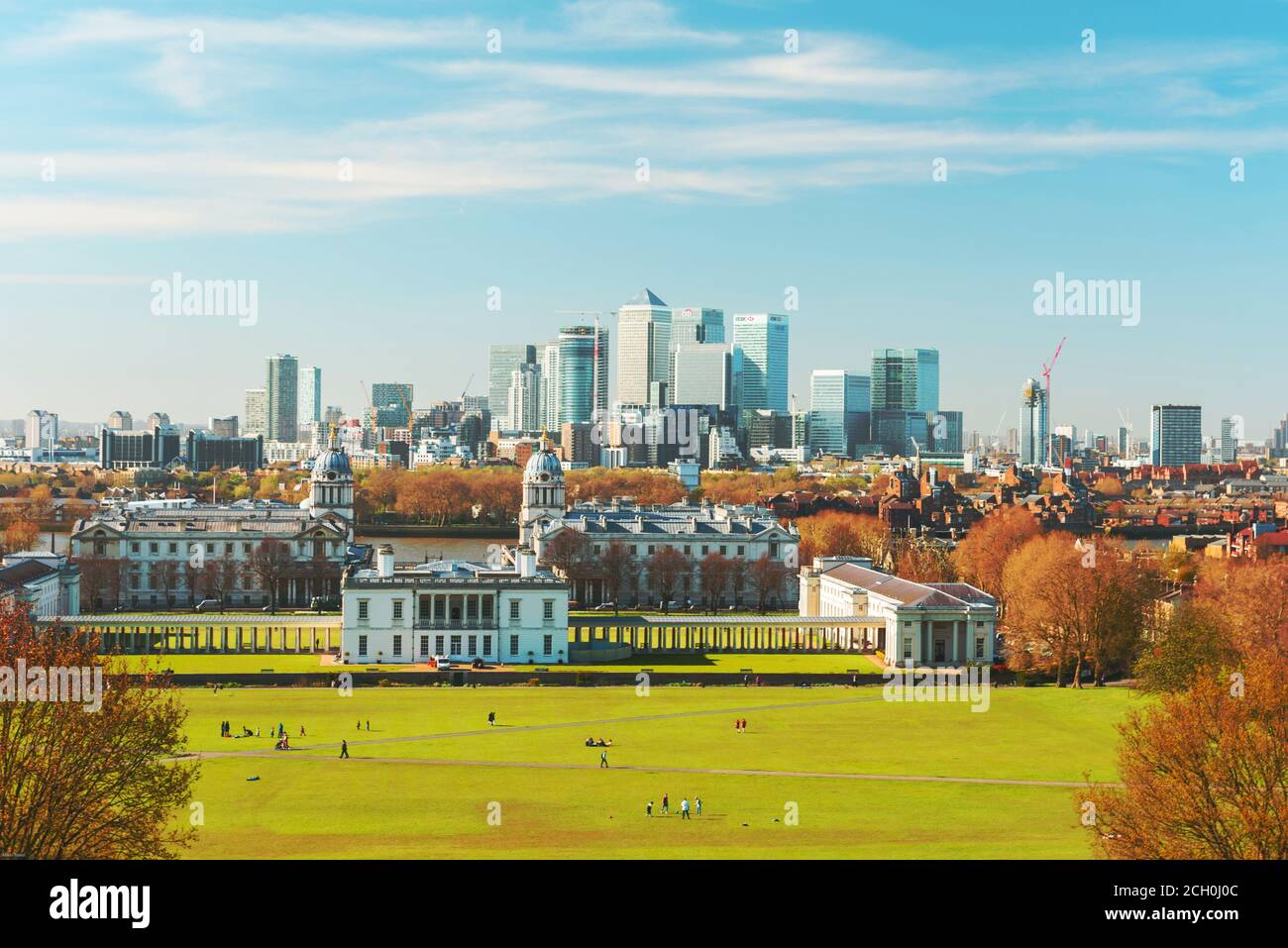 Skyline di Londra, vista da Greenwich Foto Stock