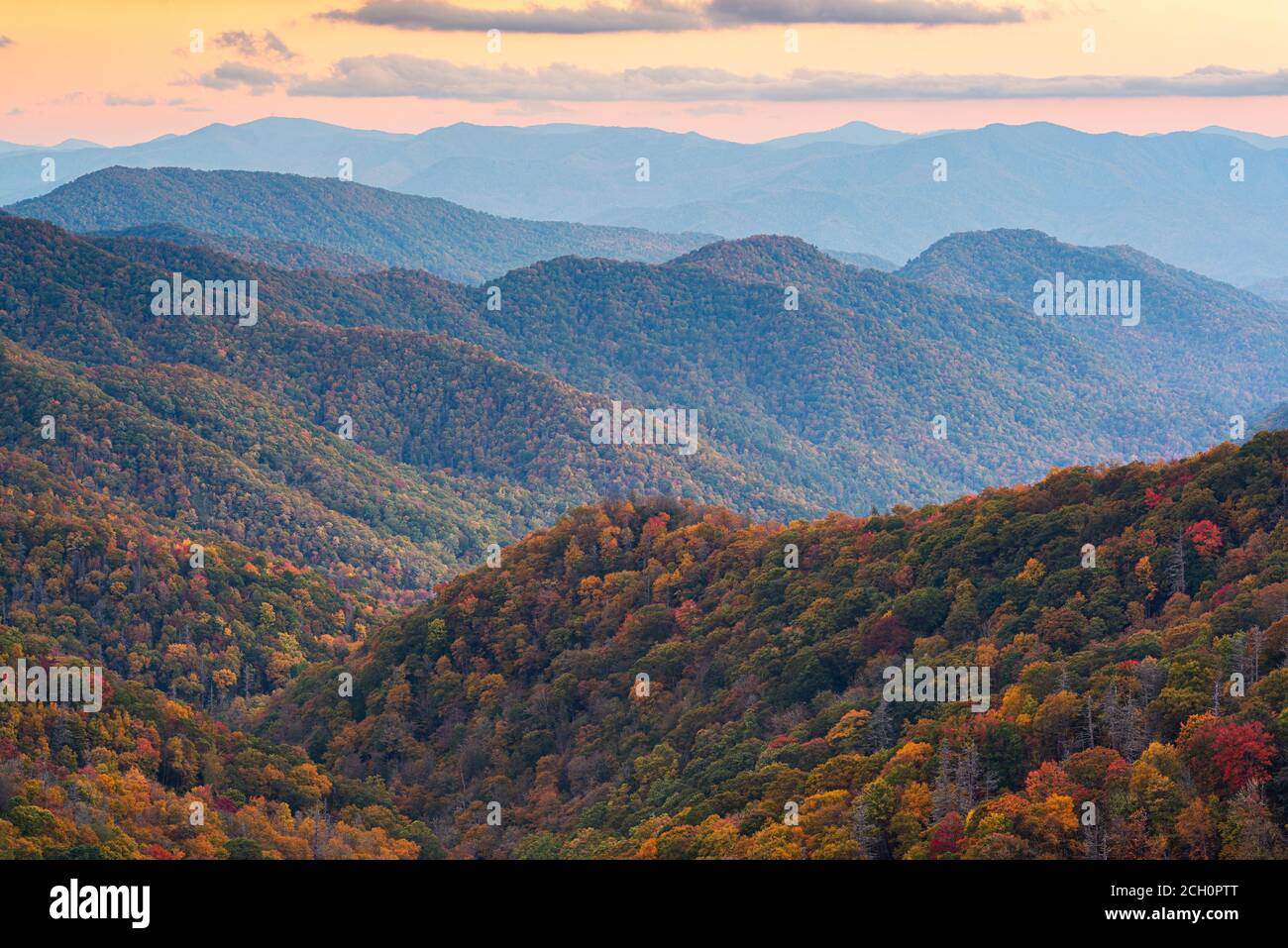 Parco Nazionale di Great Smoky Mountains, Tennessee, Stati Uniti d'America che si affaccia la ritrovata Pass in autunno. Foto Stock