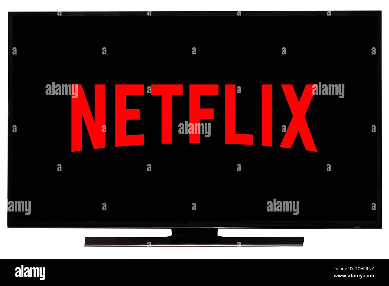 Logo Netflix sullo schermo TV. Netflix è un noto fornitore globale di film in streaming e serie TV Foto Stock
