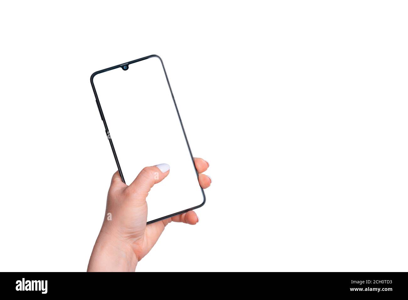 Donna mano smartphone tenuta con schermo vuoto, telefono mockup Foto Stock