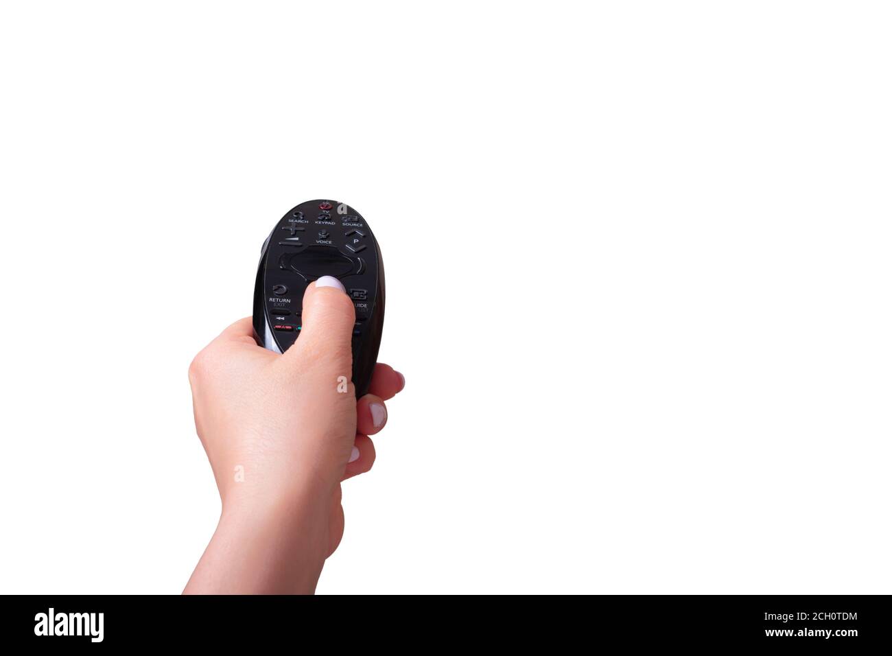 Mano con telecomando TV. Isolato su sfondo bianco. Concetto di controllo tv Foto Stock