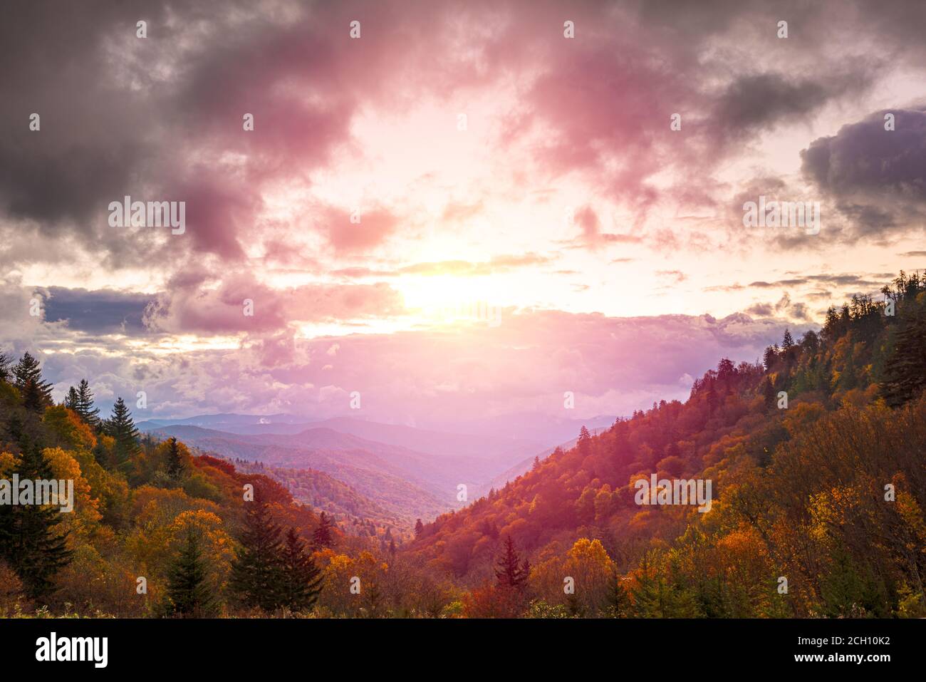 Parco Nazionale di Great Smoky Mountains, Tennessee, Stati Uniti d'America che si affaccia la ritrovata Pass in autunno. Foto Stock