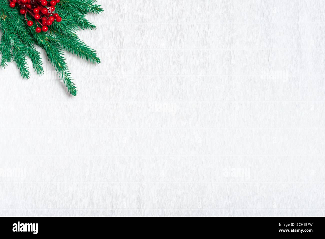 Biglietto d'auguri di Natale. Rami di abete e bacche di agnello su carta corrugata bianca. Spazio per i saluti di Natale e Capodanno. Foto Stock