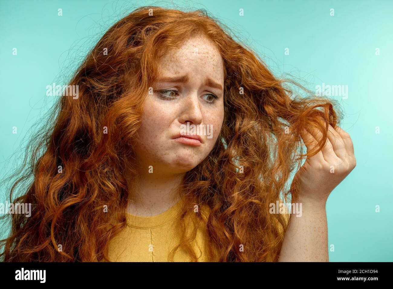 Redhaired donna che tiene i suoi capelli asciutti danneggiati essendo  delaffointed con il suo nuovo hairdo o shampoo, isolato su sfondo blu.  Trattamento di riparazione dei capelli Cu Foto stock - Alamy
