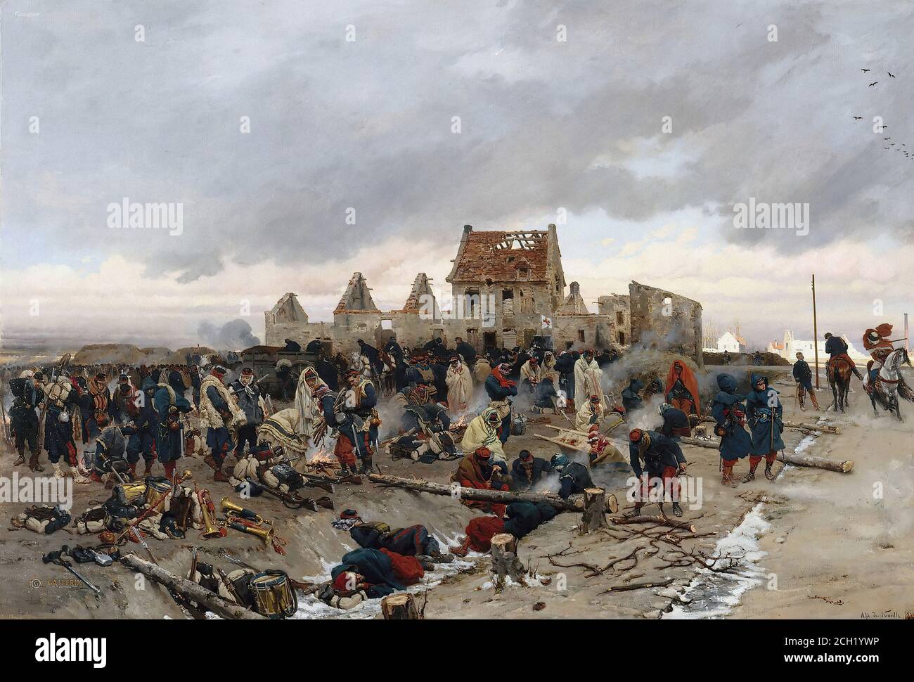Neuville Alphonse De - Bivouac dopo la battaglia di le Bourget Dicembre 21 1870 - Scuola Francese - 19 e Inizio 20 ° secolo Foto Stock