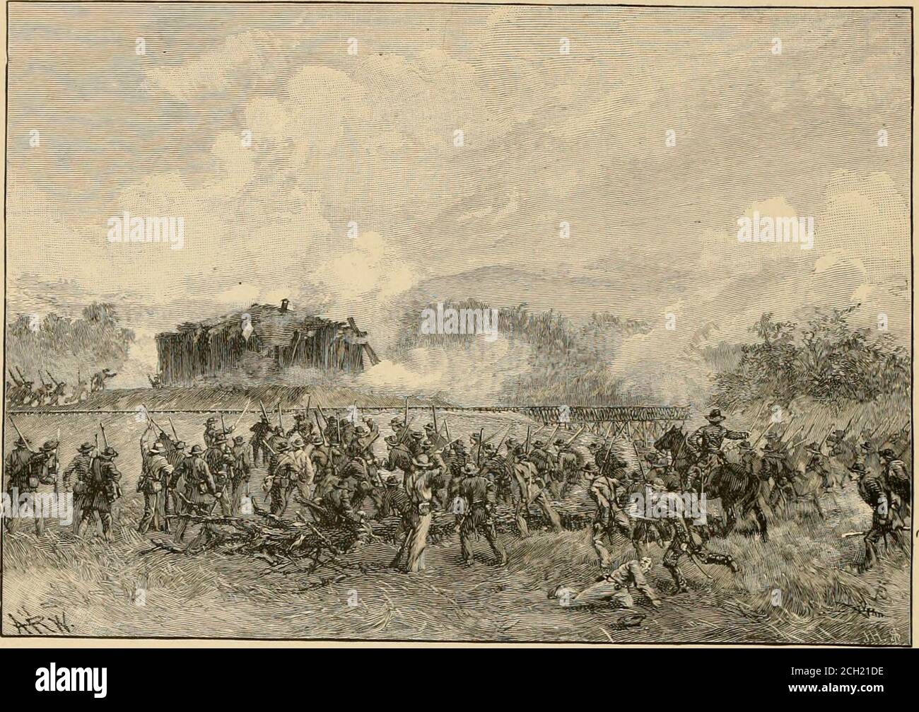 . Le campagne di montagna in Georgia : o, scene di guerra sul W. & A. costruito dai federali, E, il 12, il ponte di Etowah fu restaurato, i Confederati udirono il fischio dei locomotori che arrivavano a Big Shanty.* le linee dei due eserciti venivano costantemente avvicinate l'una all'altra, E, dal 14 giugno, divenne evidente che quelli dei Confederati erano troppo attenuati per poter tenere più a lungo Pine Mountain. I generali Johnston, Hardee e Polk, di conseguenza, hanno percorso verso la cima di questa montagna, che è stato tenuto dalla divisione Bates, per vedere la situazione, e selezionare un po 'meglio Foto Stock