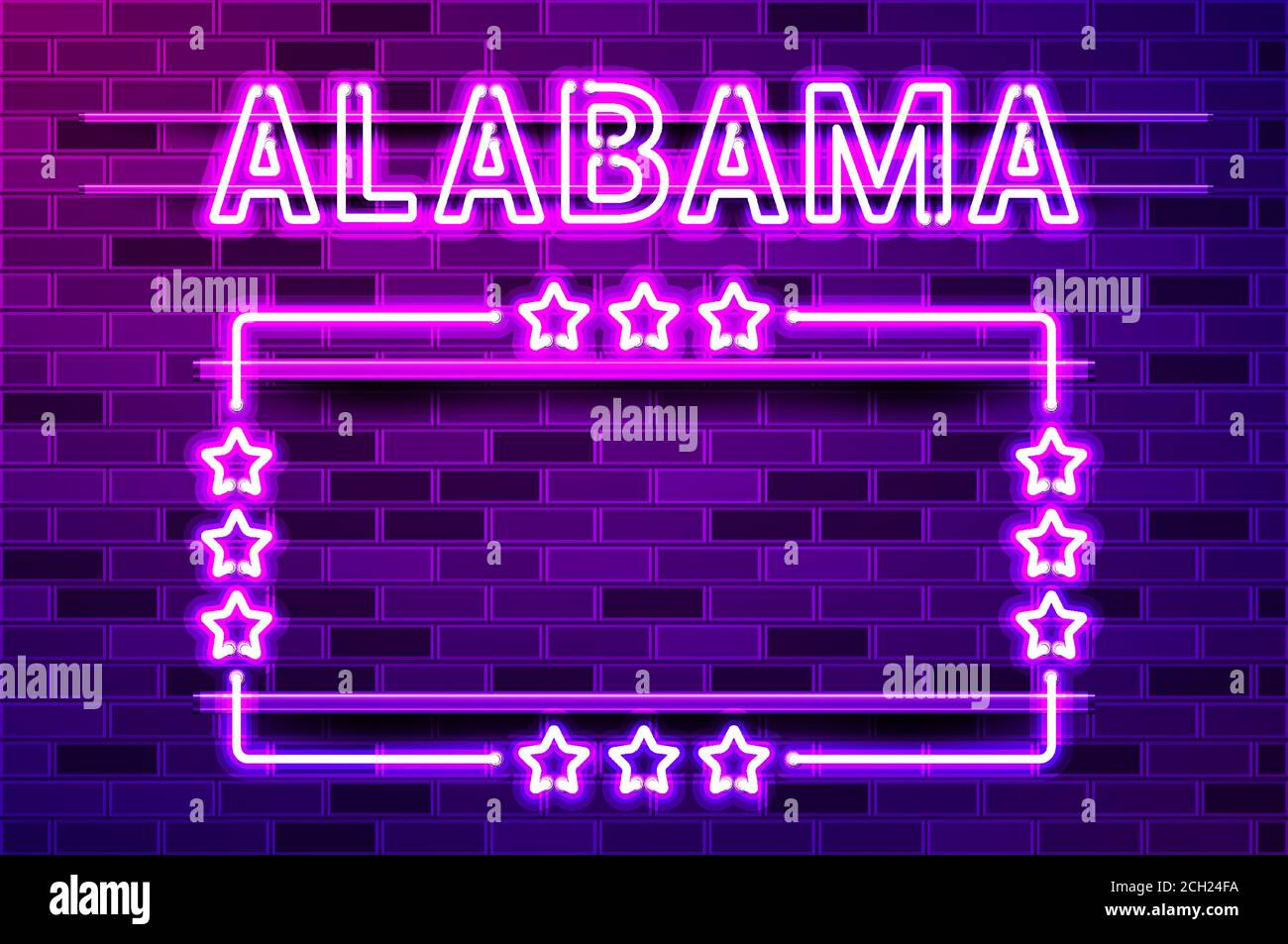 Alabama US state incandescente viola neon scritta e una cornice rettangolare con stelle. Illustrazione vettoriale realistica. Muro di mattoni viola, bagliore violetto, meta Illustrazione Vettoriale